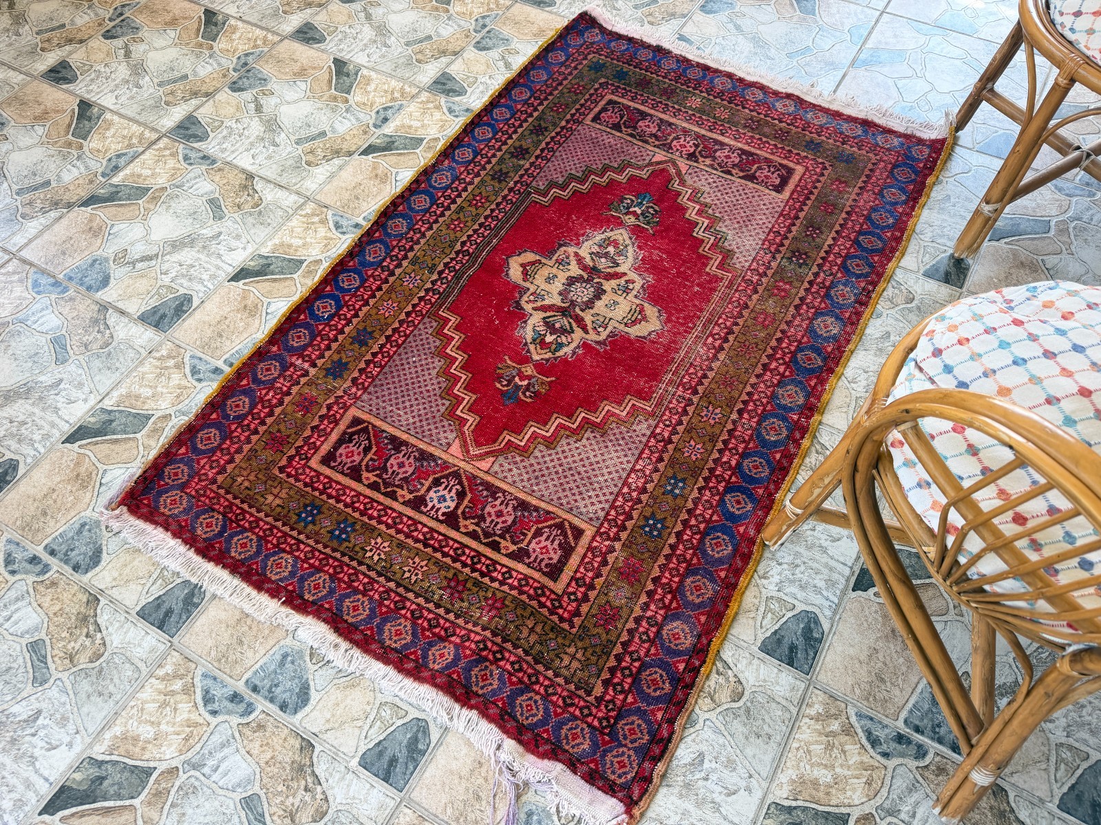 Vintage Oushak Tribal Rug, Handmade Turkish Anatolian Wool Geometric Area 3×5 ft
