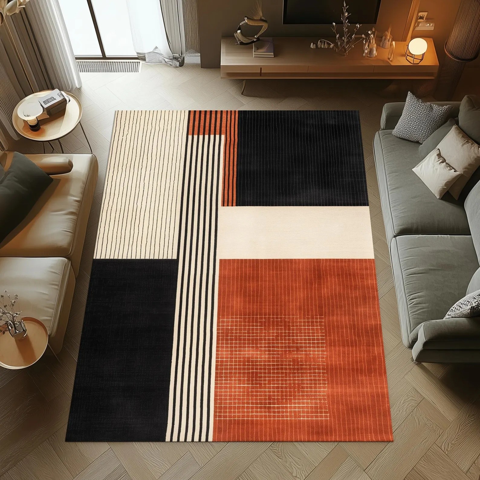 Modern Striped Rug, Abstract Orange Black Cream Carpet Rug