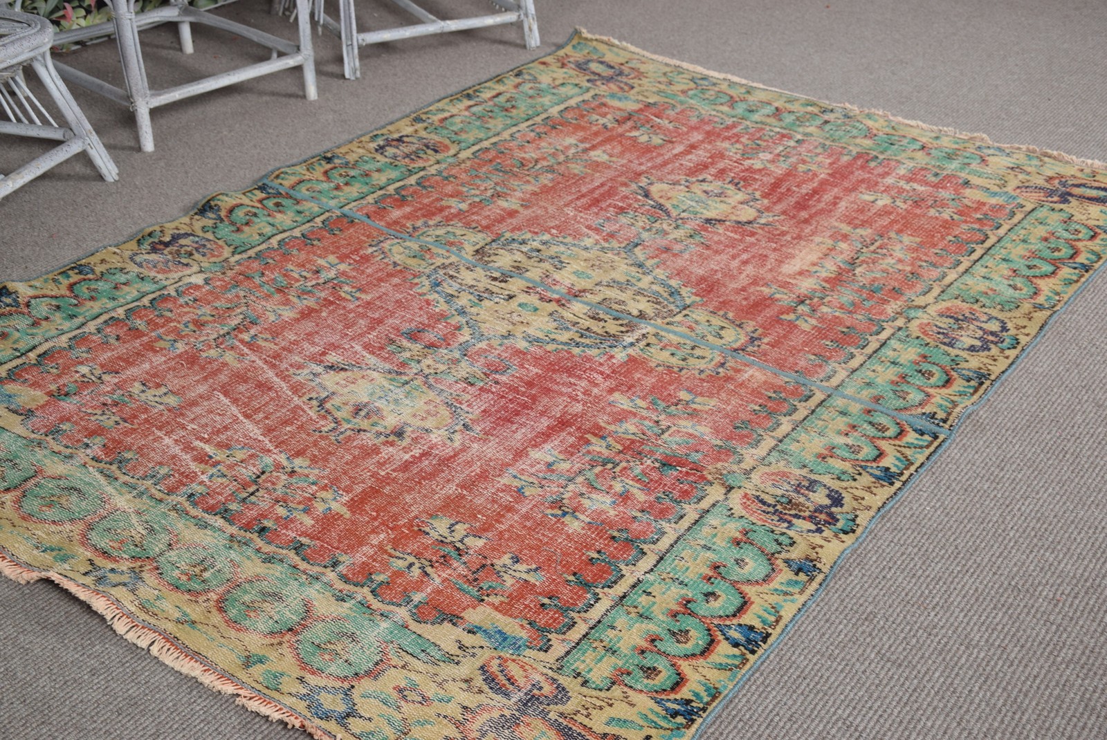 Turkish Rug, 5,2×7,5 ft Vintage Rug, Red Green Floral Wool Rug