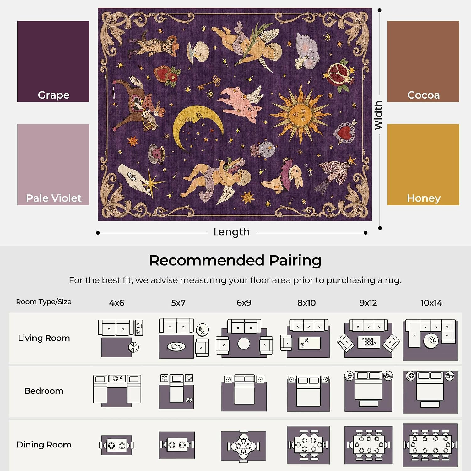 6X9 Celestial Sun Moon Unique Plum Grape Dark Purple Soft Washable Area Rug | Lo