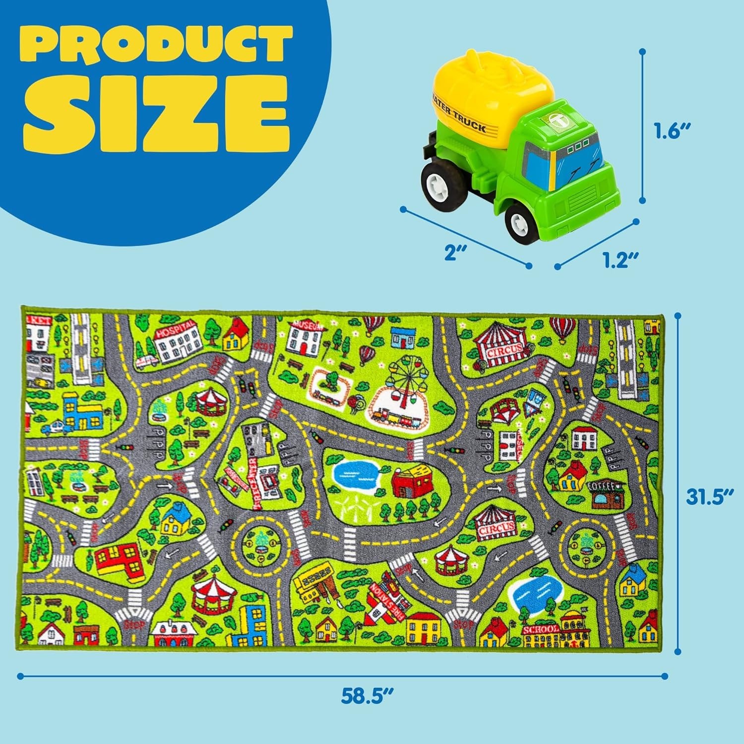58.5″ x 31.5″ Toddler Carpet Playmat with 12 Pull-Back Vehicles for Fun Learning