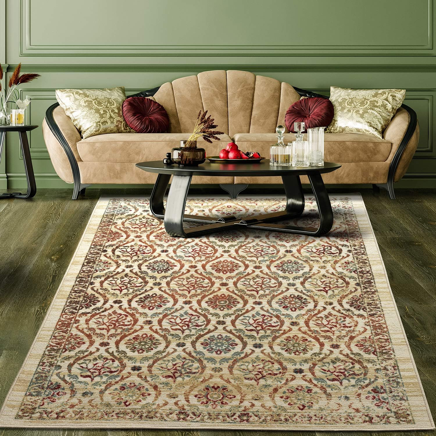 Non-Slip Floral Geometric Area Rug 4′ x 5’8″ Beige Multi Rubber Backing