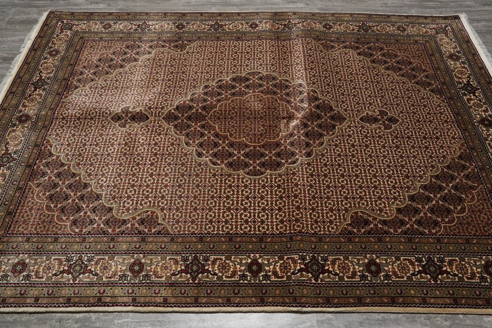 5.8 x 8 Hand-Knotted Wool and Silk Tabriiz Mahii Rug EARTH TONES #F-3062