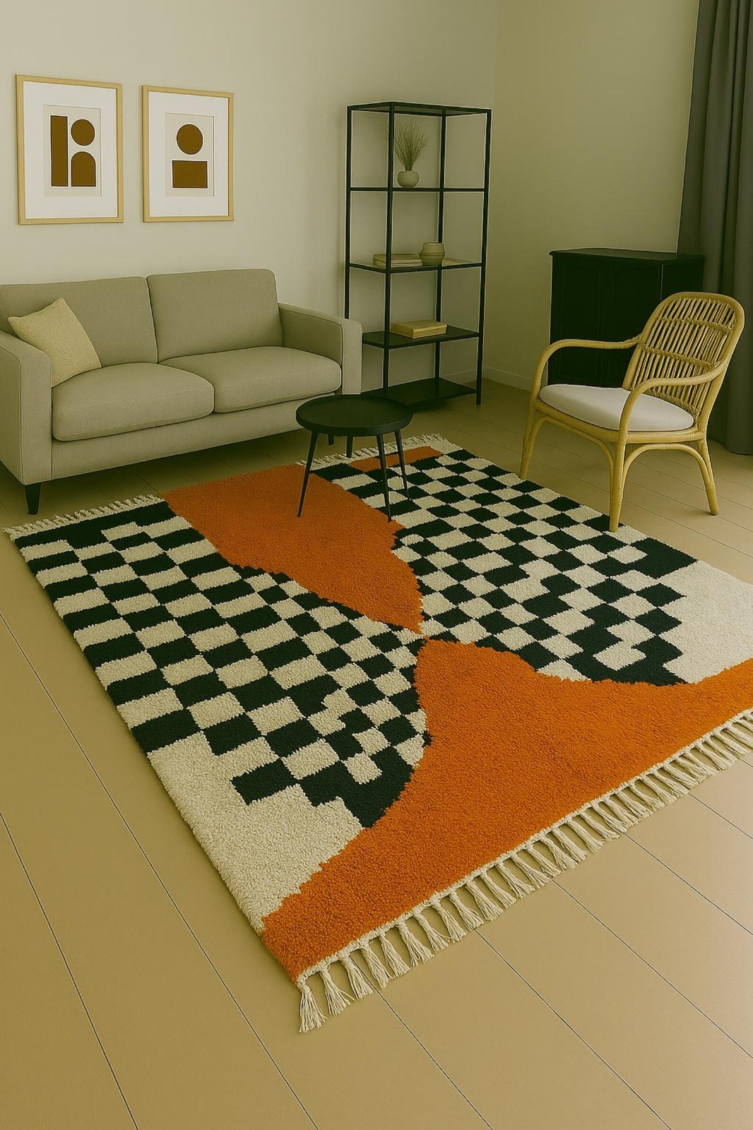 New Color Orange, Black, White Moroccan Berber Wool Rug Design Area Carpet Rug