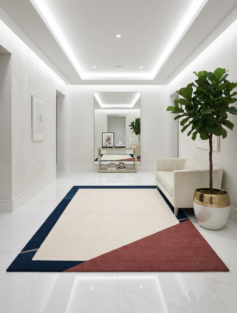 Hand Tufted Wool Area Rug Modern Geometric Ivory Navy Blue Custom Size