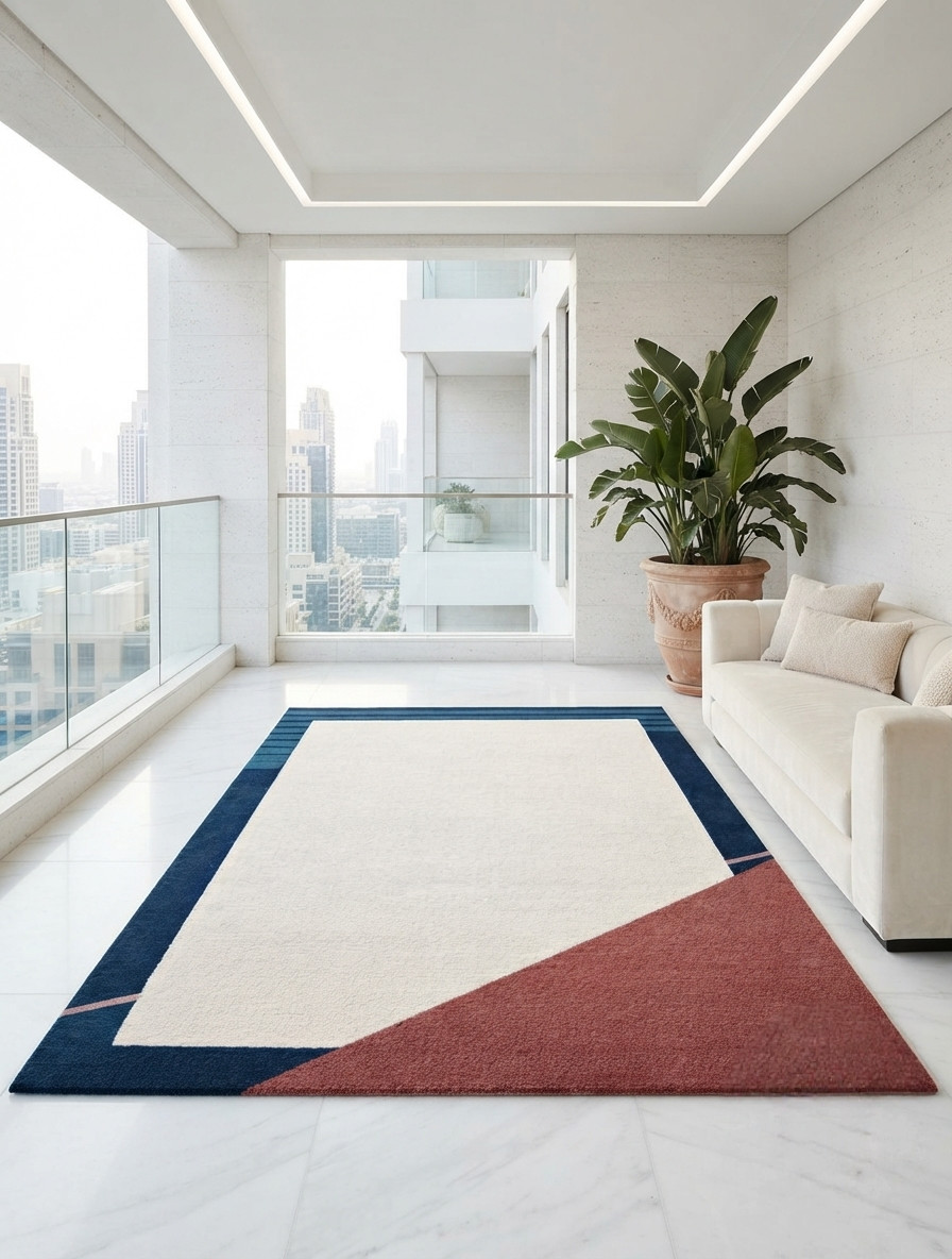 Hand Tufted Wool Area Rug Modern Geometric Ivory Navy Blue Custom Size