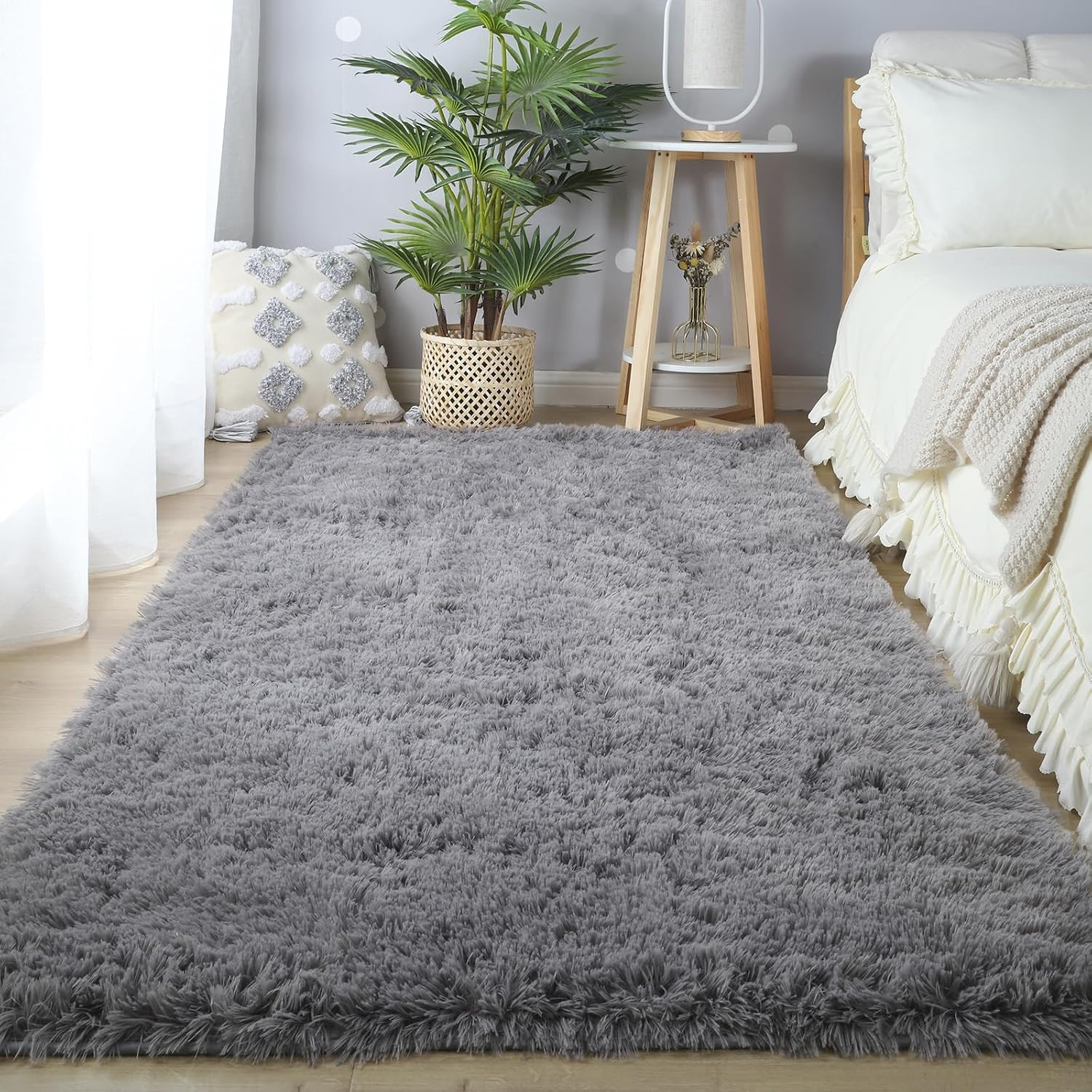 Grey Area Rug for Living Room: Indoor Ultra Soft Shag Plush Rugs for Bedroom – N