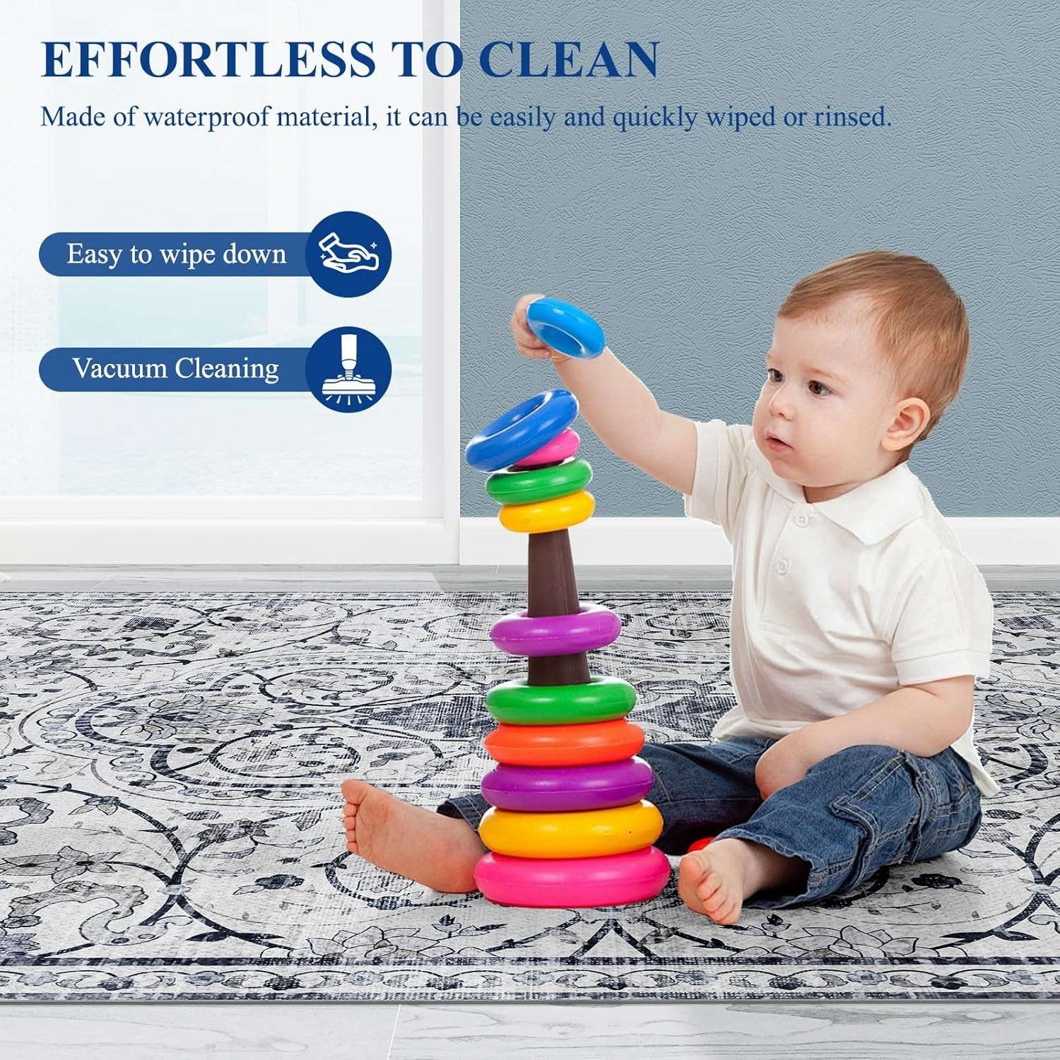 Waterproof Vinyl Floor Mat 5′ X 8′ Non-Slip Area Rug for Home (Grayish Blue)