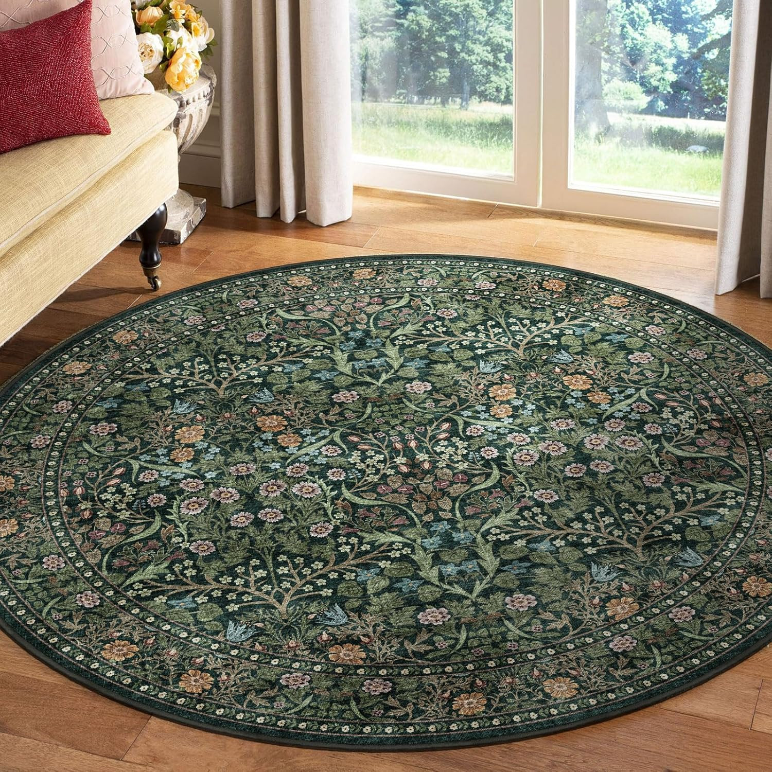 Green Round 6Ft Boho Floral Rug Washable Non-Slip Area Rug for Bedroom Living Ro