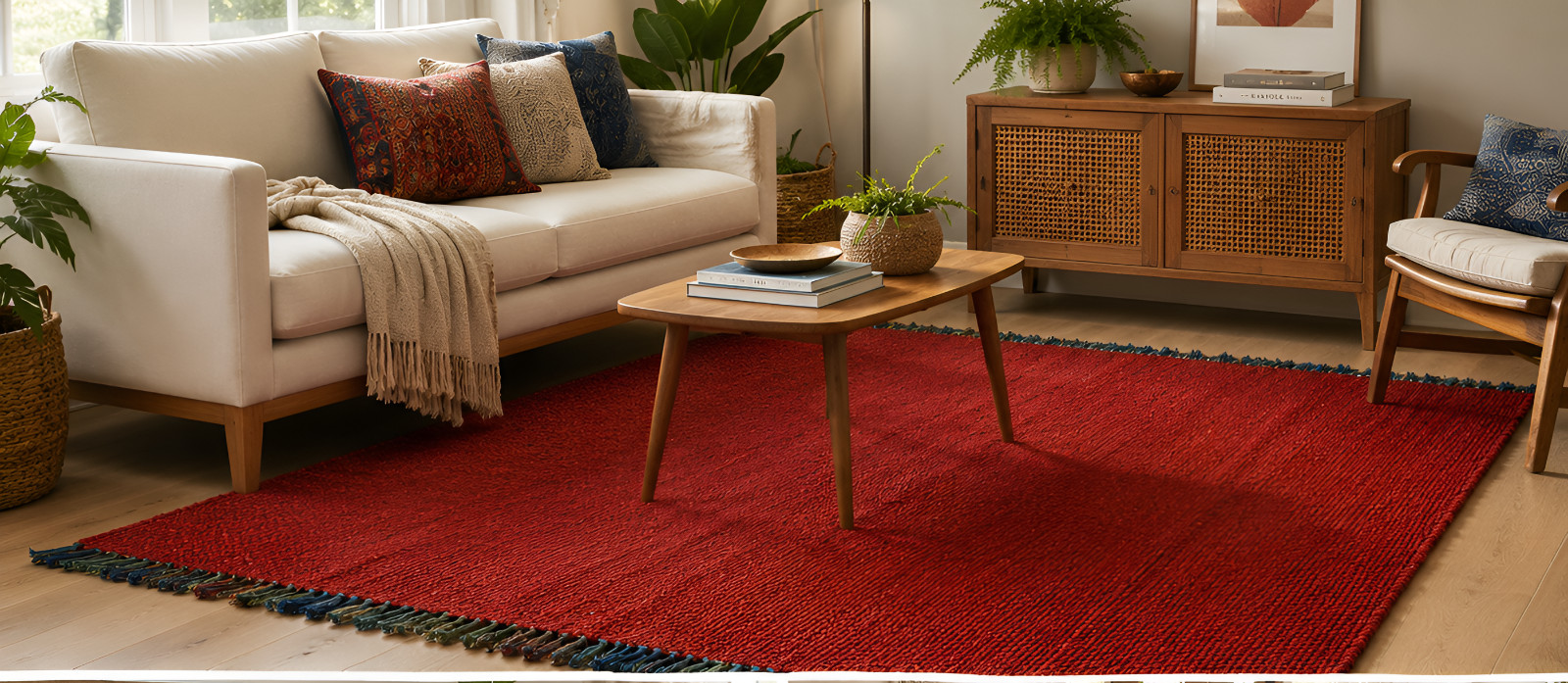 Hand Woven Jute Natural Red Rug Home Decor Carpet Boho Rug Modern Area Rug Mat