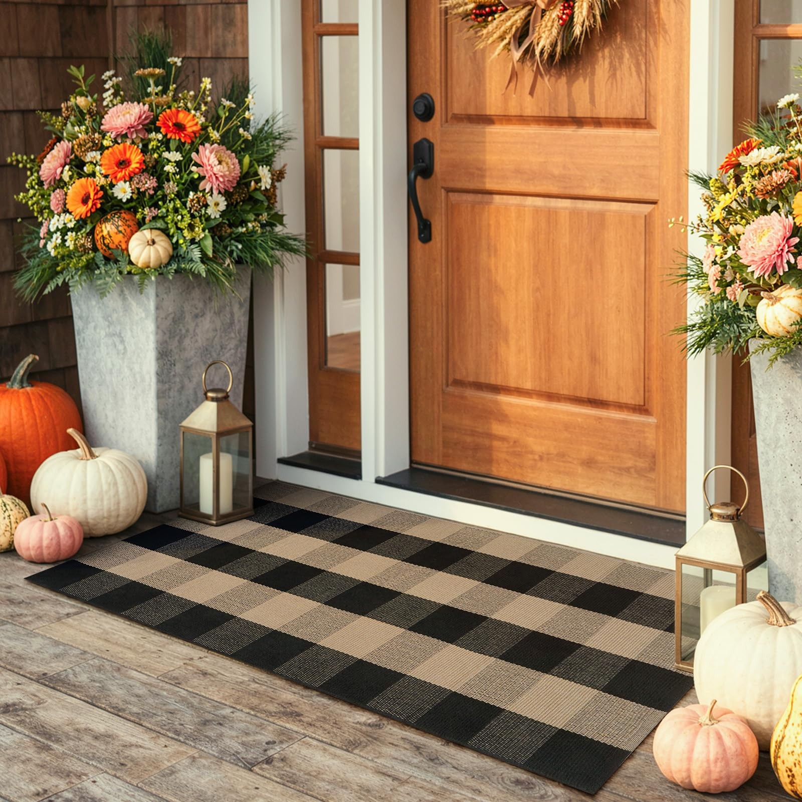 LEEVAN Buffalo Plaid Outdoor Door Mat, Washable Checkered Layering Rug