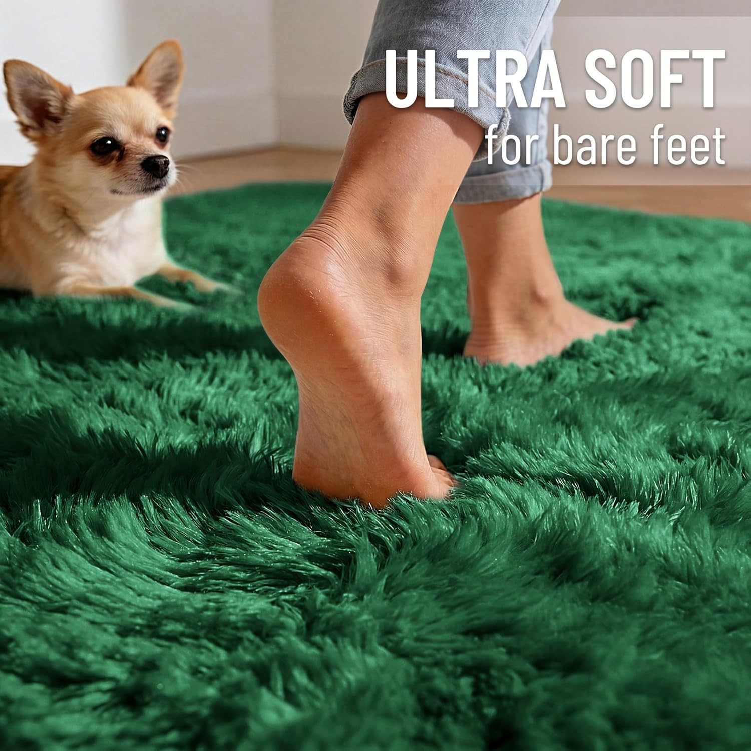 Fluffy Area Rugs Large Dark Green Shaggy Carpet for Living Room & Bedroom Floor