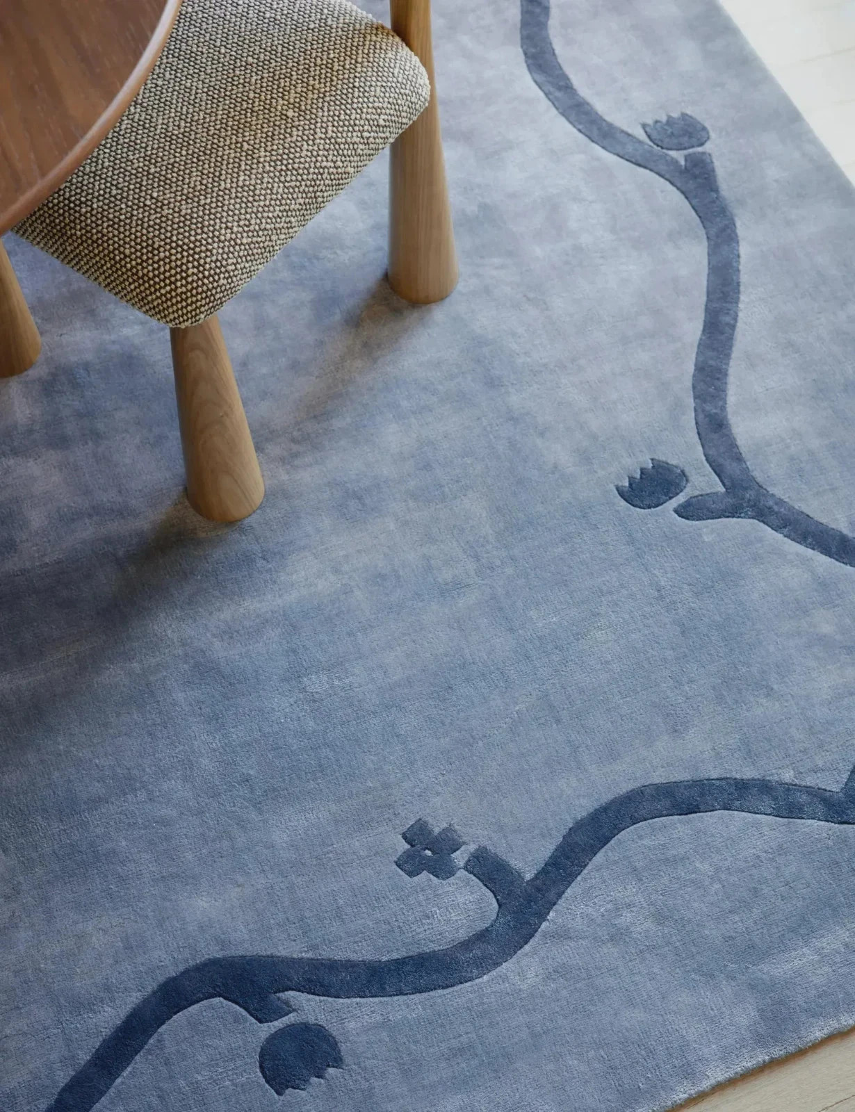 Handmade Blue Wool Area Rug | Modern Wavy Border Hand Tufted Carpet | Custom Rug