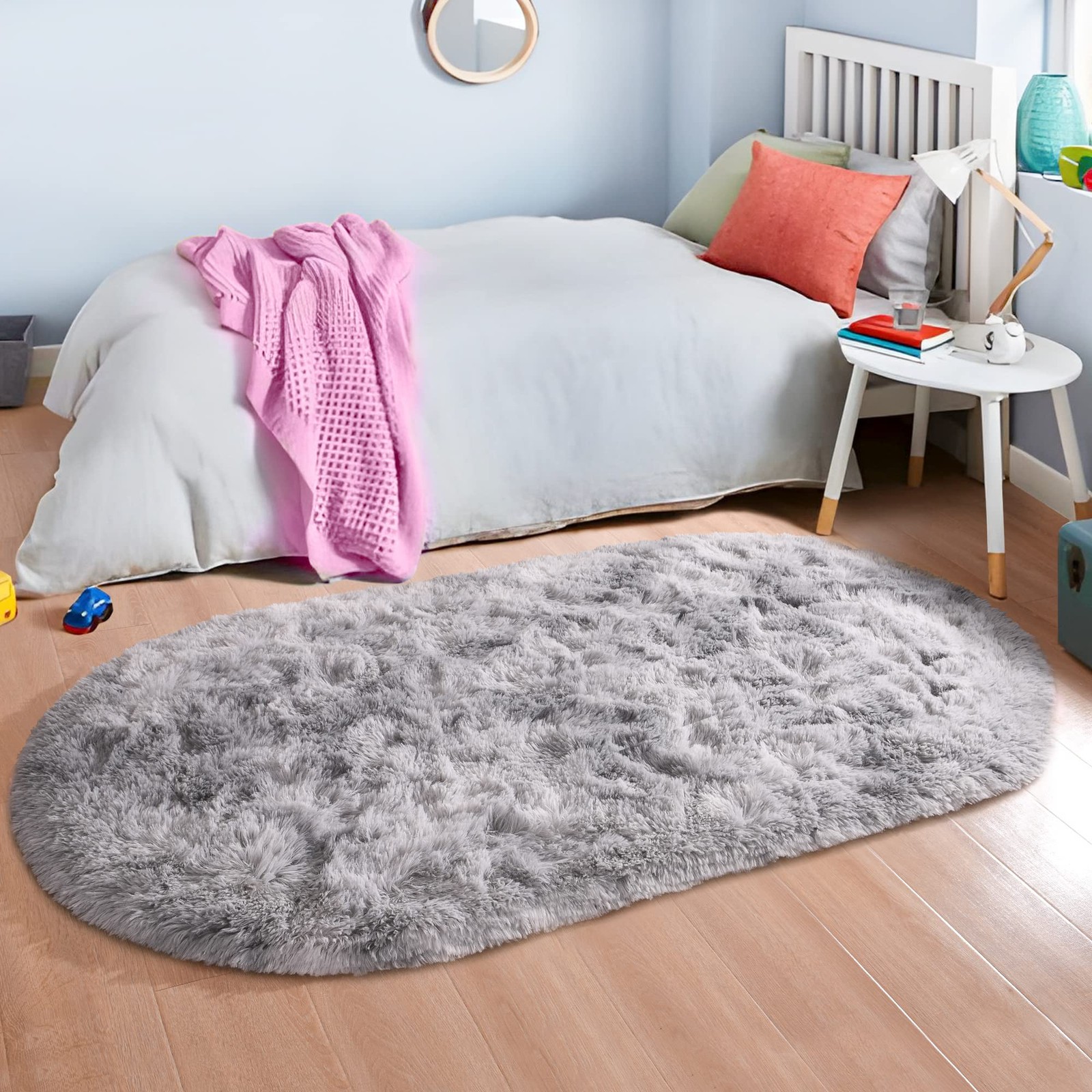 junovo Washable Shaggy Rug Non-Slip Oval 2.6×5.3ft Light Gray Tie-Dye