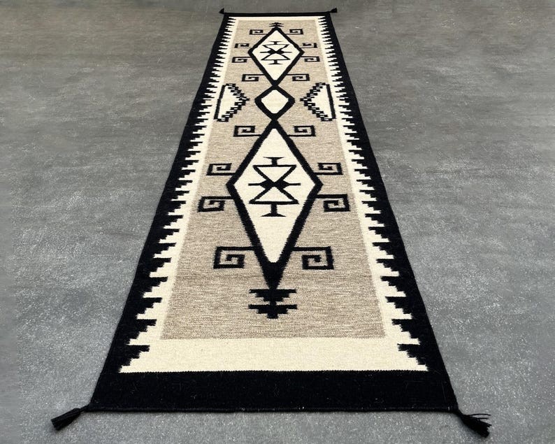 Large Gray Southwest Navajo Wool Runner Rug Native American Tribal Rug 2.6×8 ft