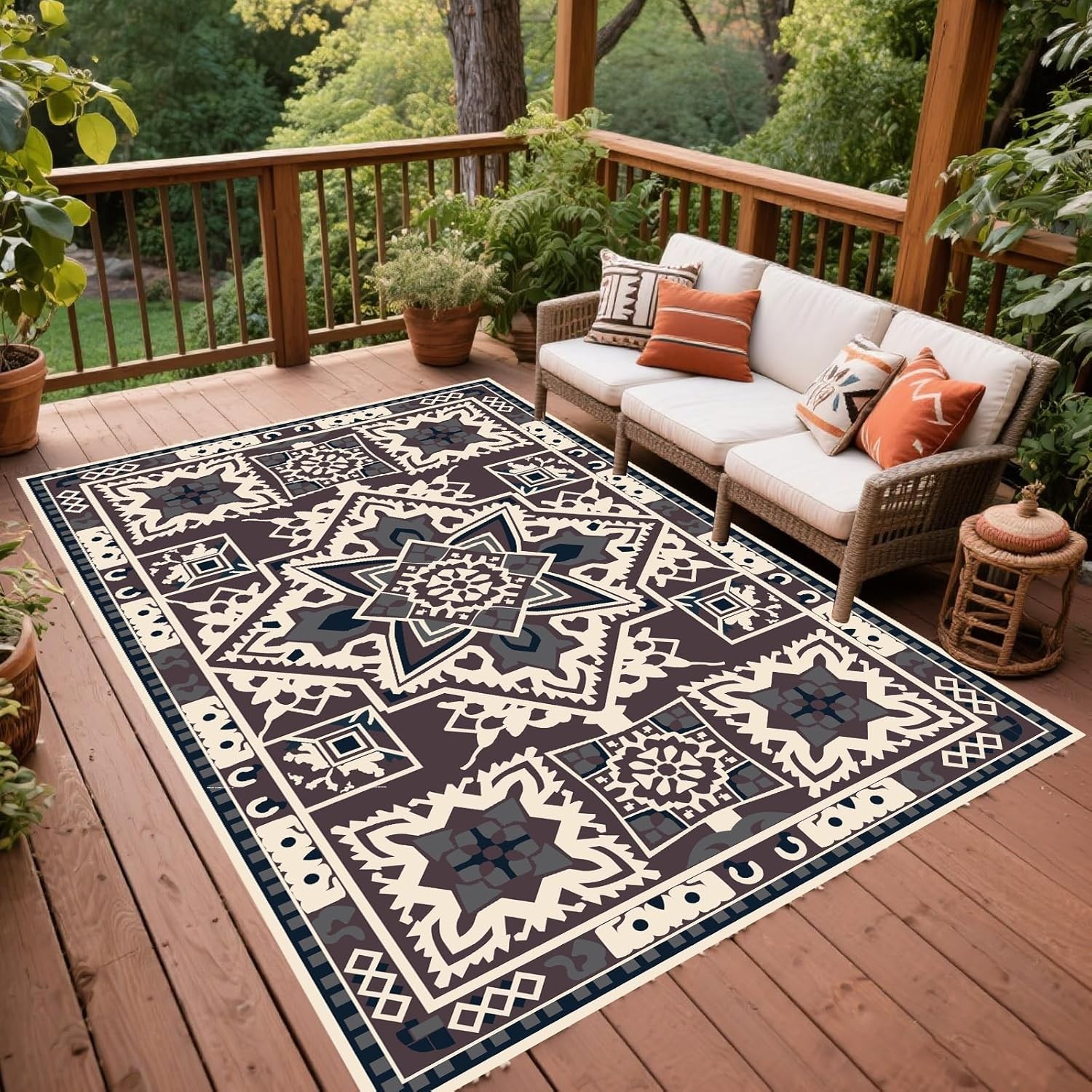 6×9 Feet Black & White Plastic Outdoor Rug Stain Resistant Waterproof Reversible