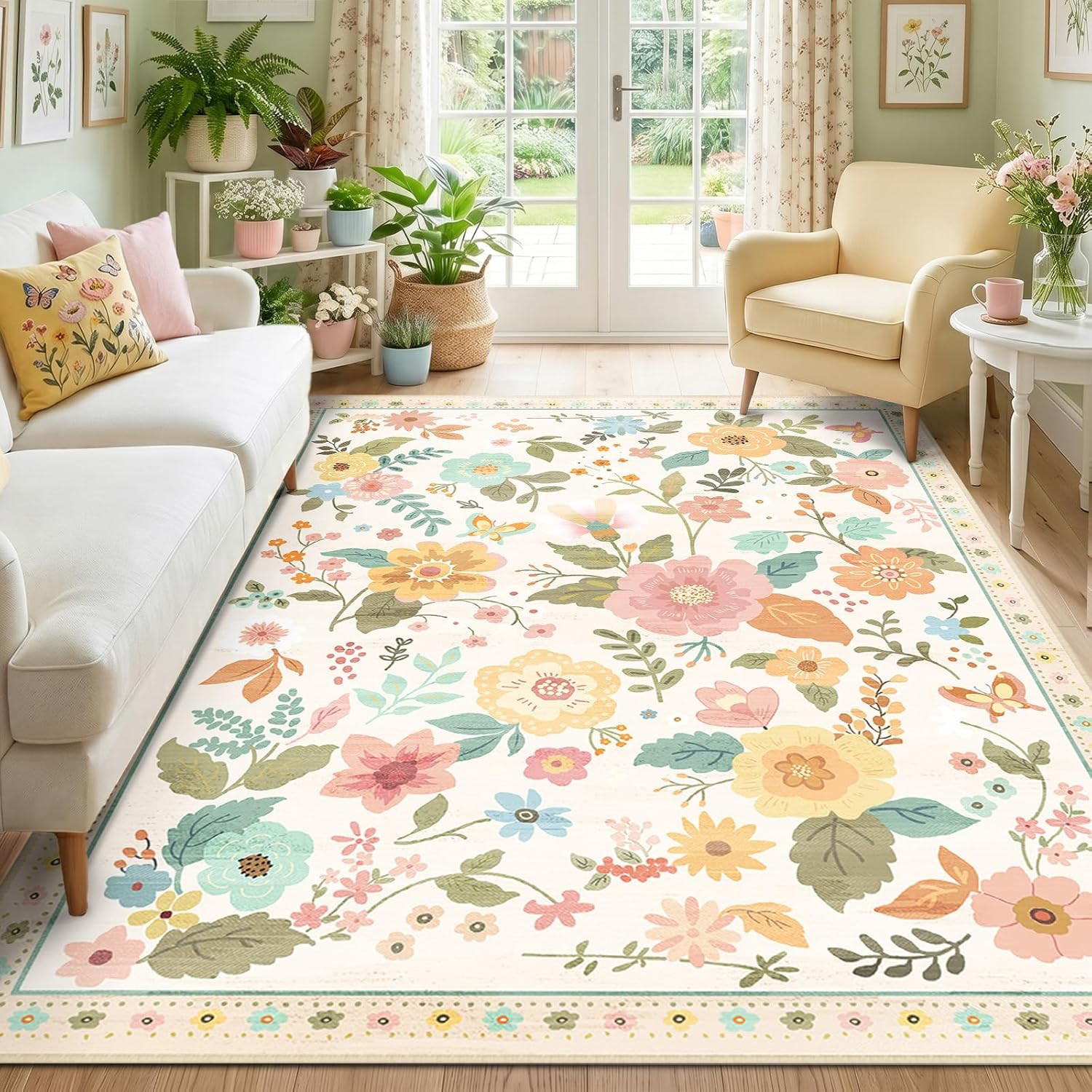 RELEANY Floral Washable 5X7 Area Rugs for Living Room Beige/White/Orange | RELEA