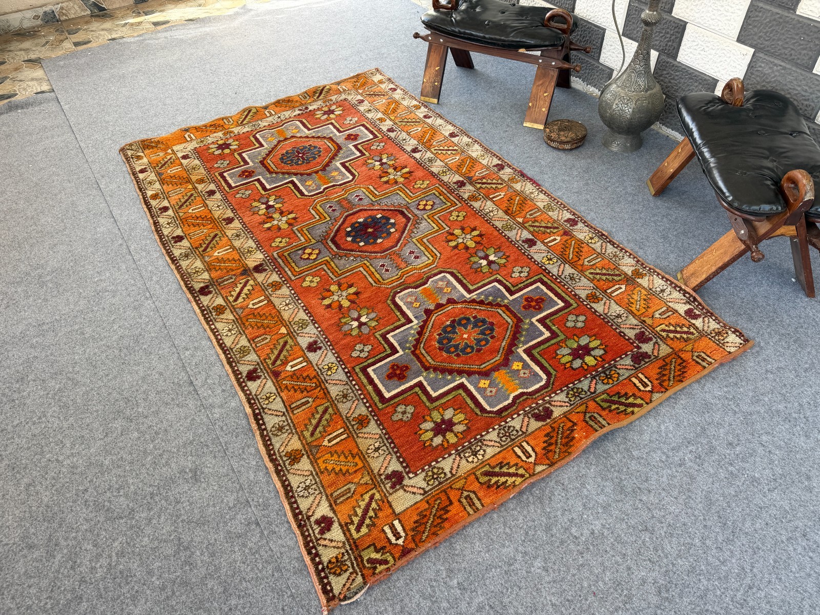 Vintage Caucasian Rug 4×7 Handmade Wool Rug Geometric Tribal Medallion Kazak Rug