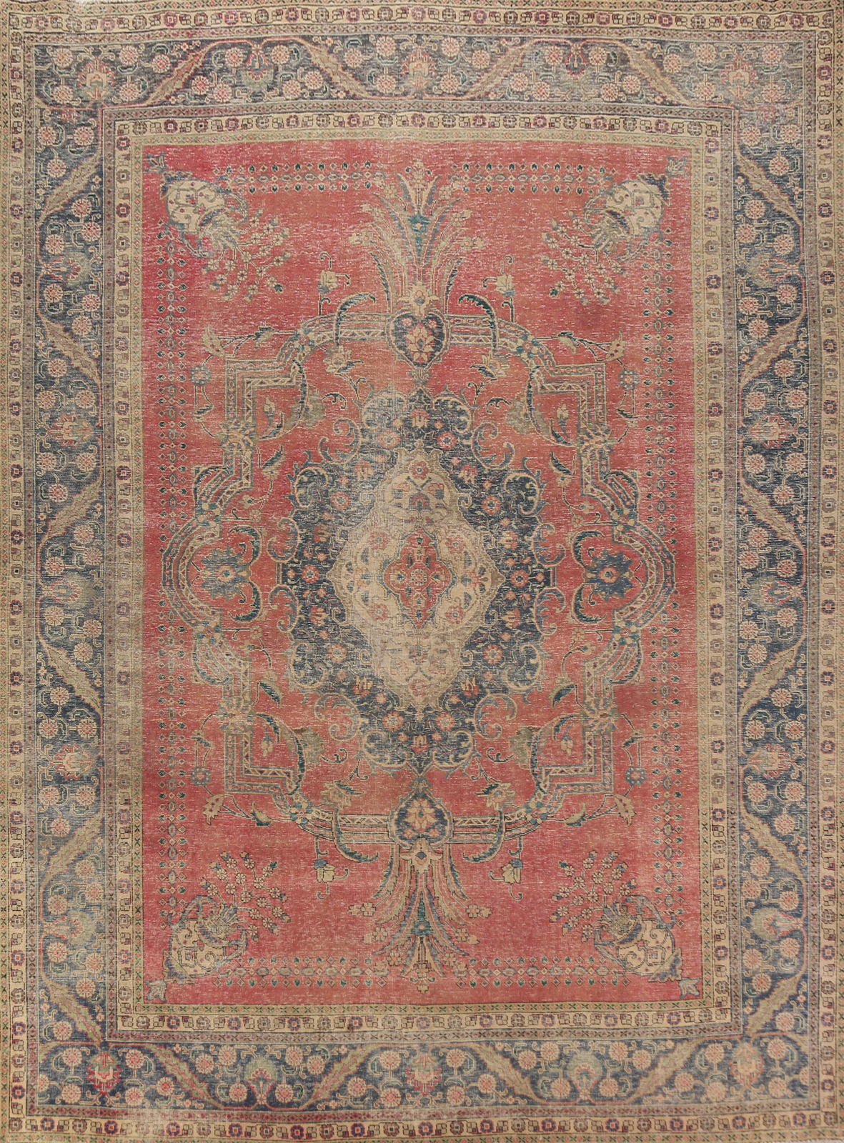 Vintage Red/ Navy Blue Geometric Tebriz Traditional Handmade Wool Area Rug 9×12