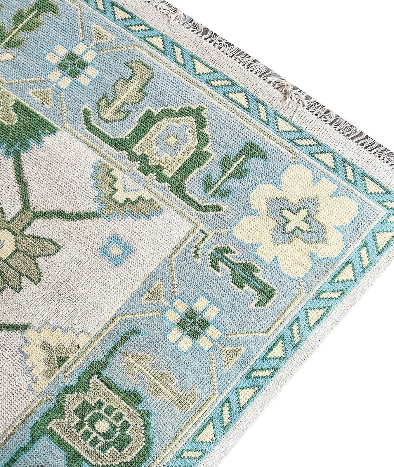 Muted Modern Oushak Hand Knotted Rug 6×9 Ivory Blue Wool Floral Carpet for Home