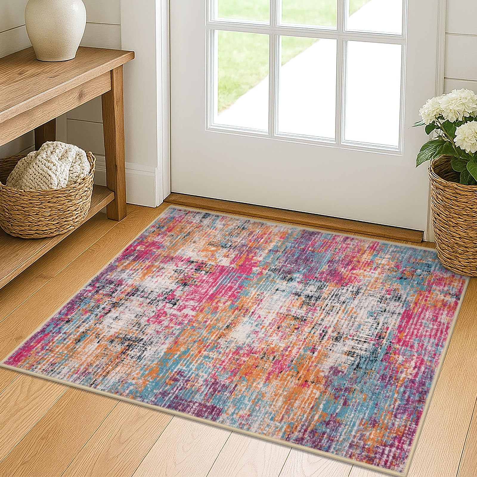 Abstract Small Rug 2×3 Washable Entryway Rug, Pink/Orange/Blue