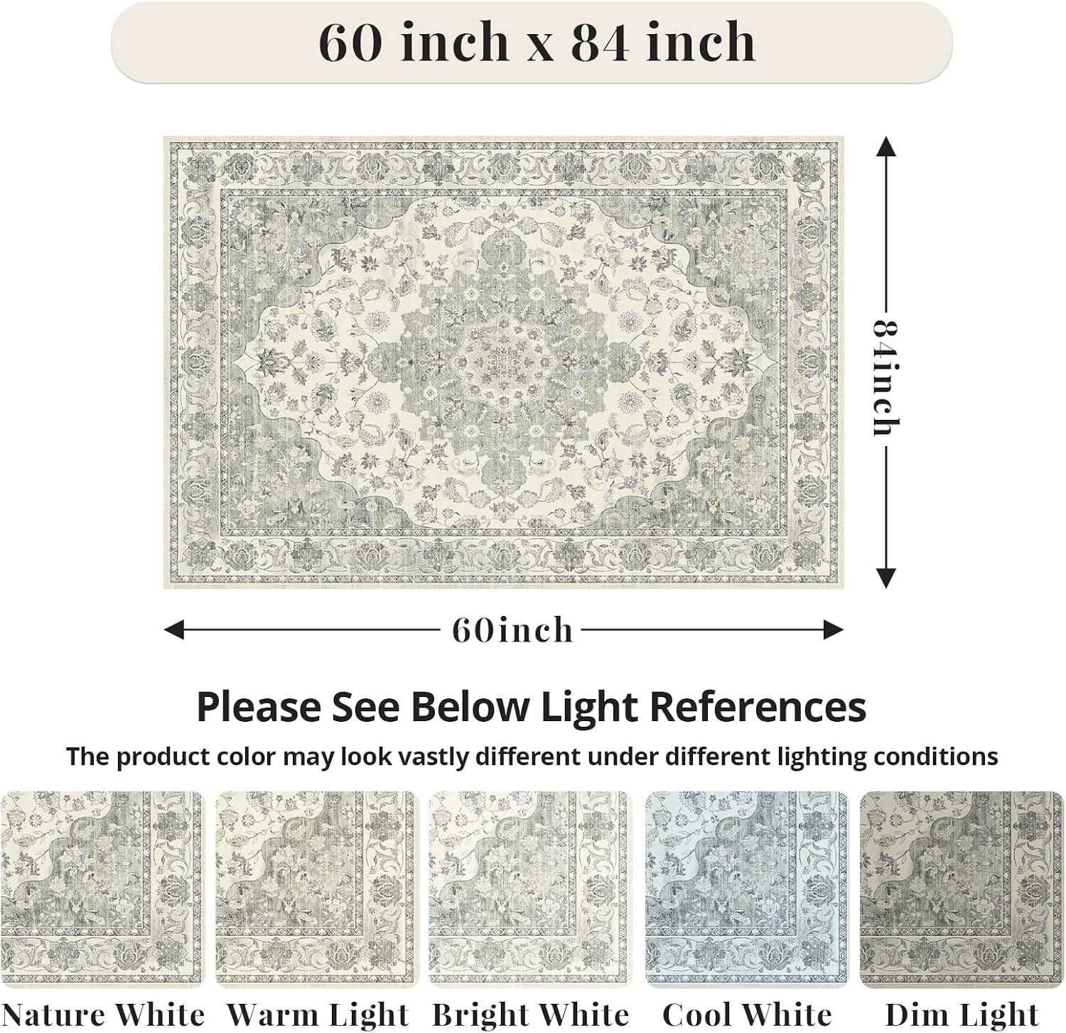 5X7 Non-Slip Washable Livingroom Vintage Area Rug, Sage Green | Water Resistant,