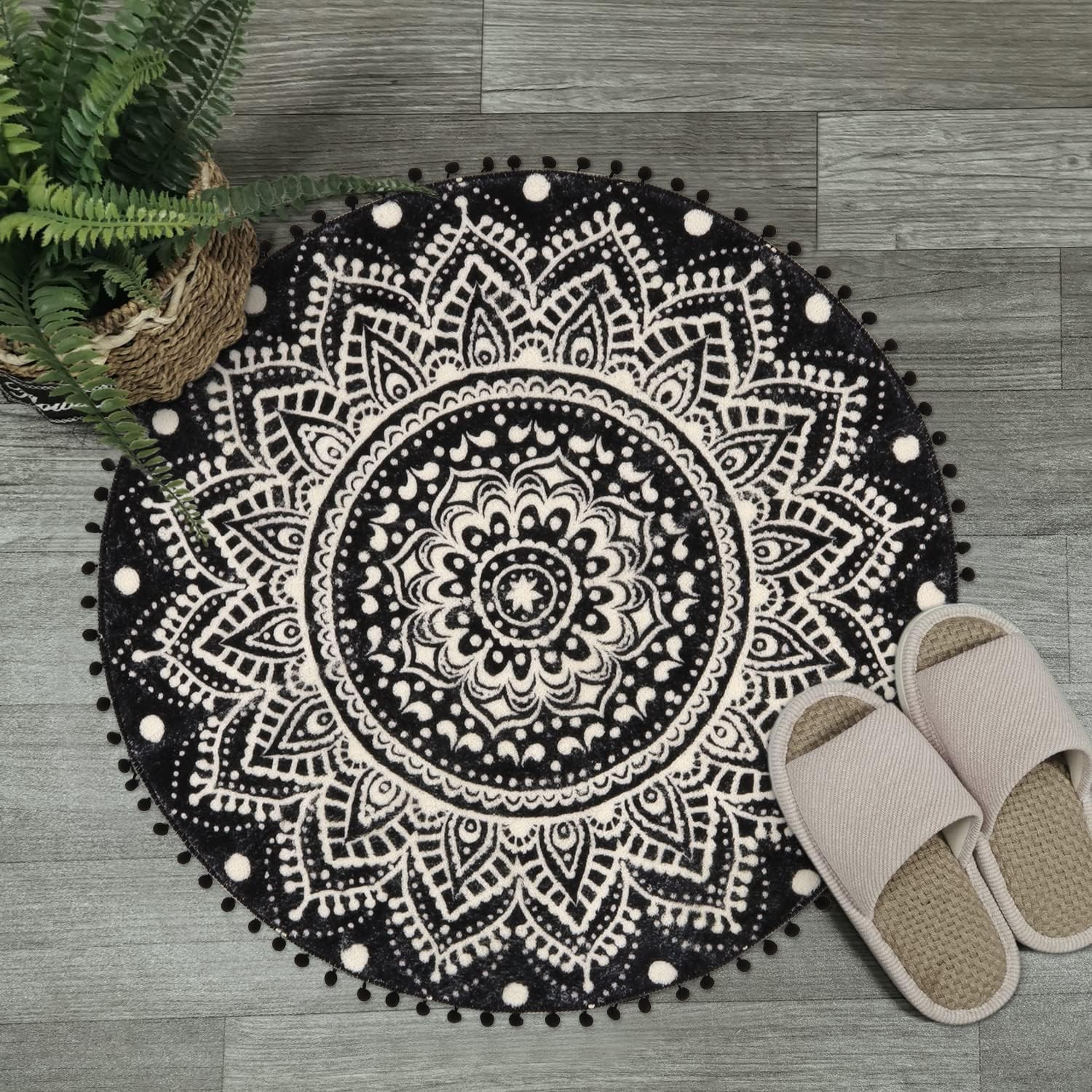 Small Round Rug 2.3’ Black Mandala Boho Bathroom Rugs with Pom Poms Fringe Wa…
