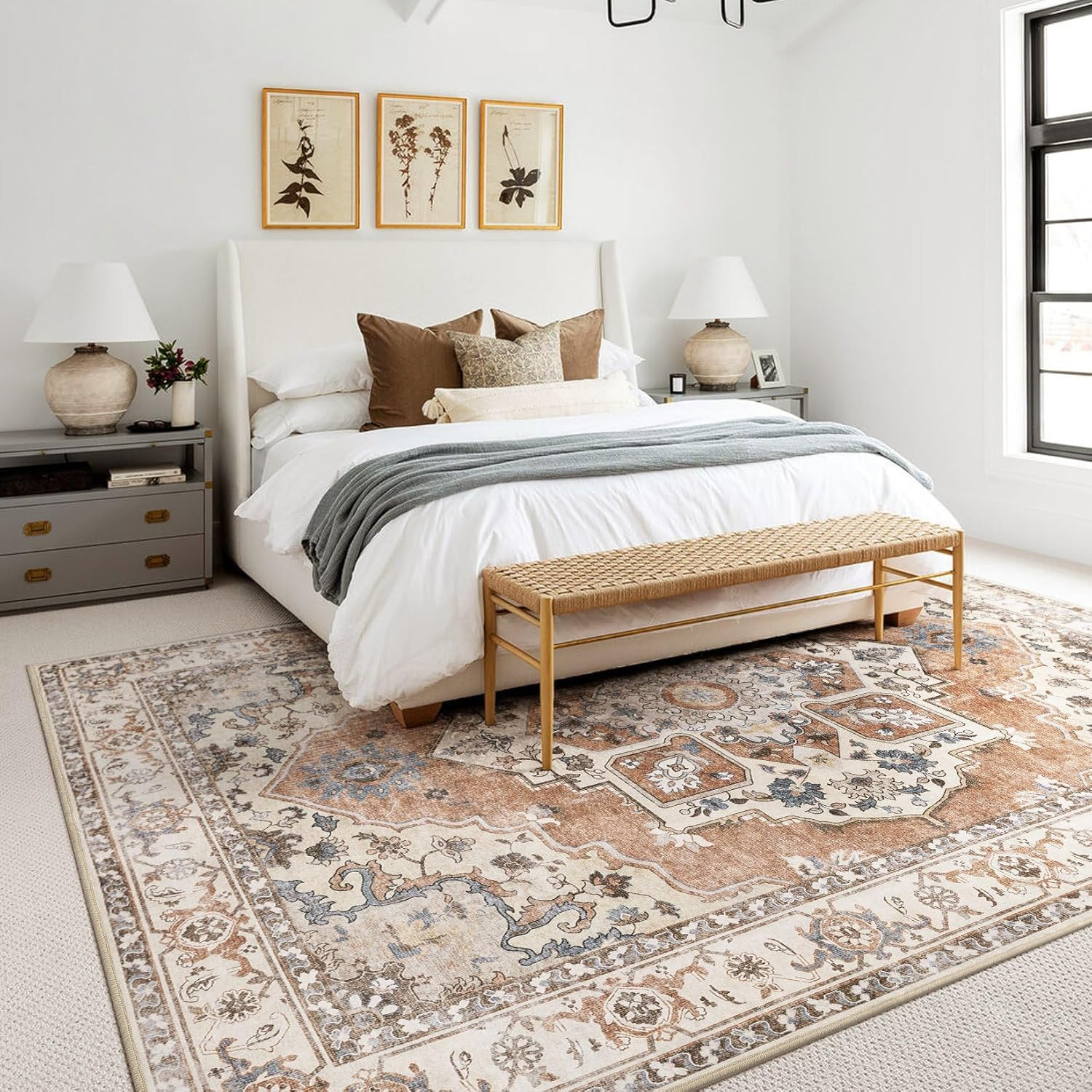 9X12 Washable Area Rug: Vintage Neutral Soft Non Slip Thin Large Floor Carpet fo