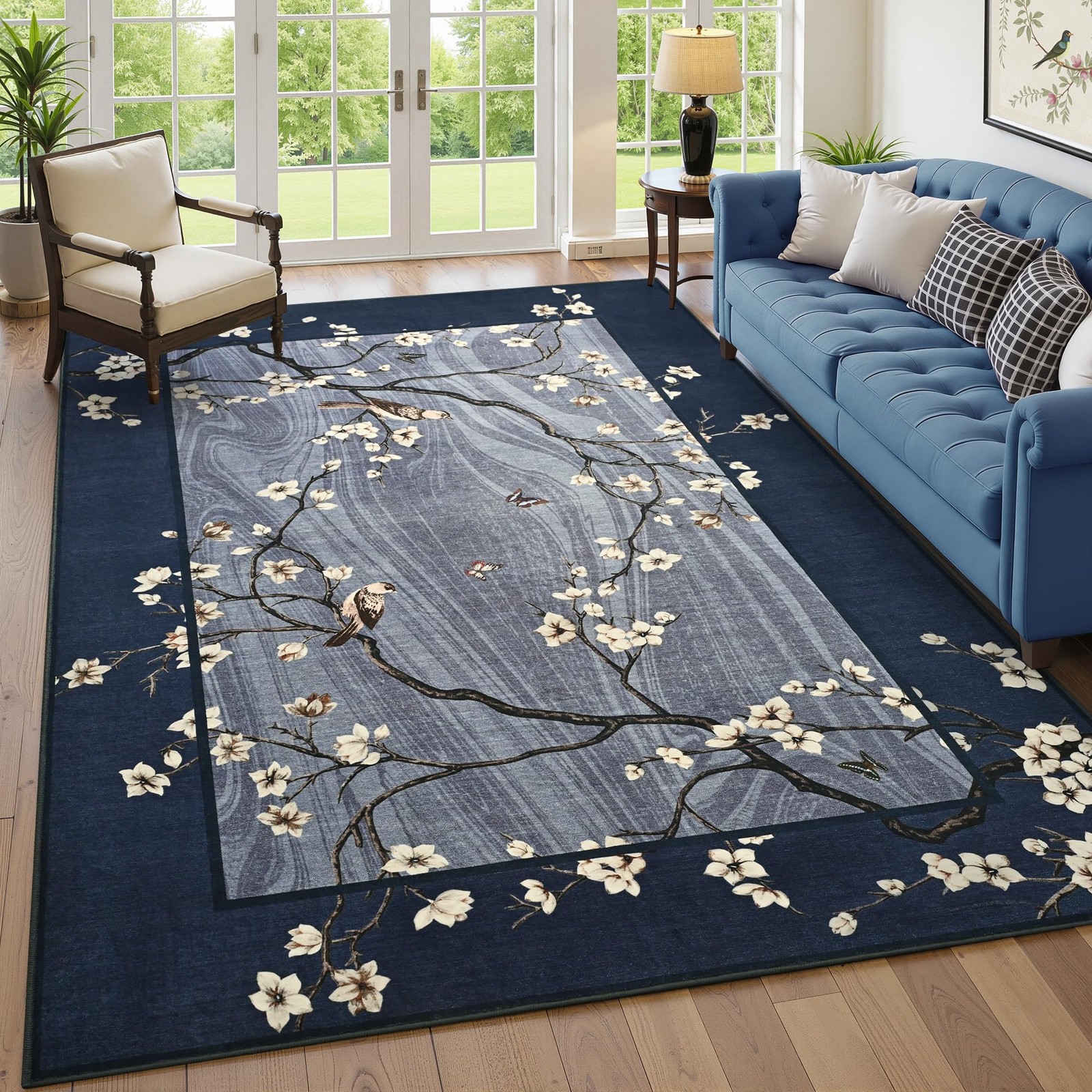 4×6 Area Rugs for Living Room, Oriental Floral Navy Blue Rugs for Bedroom, Wa…