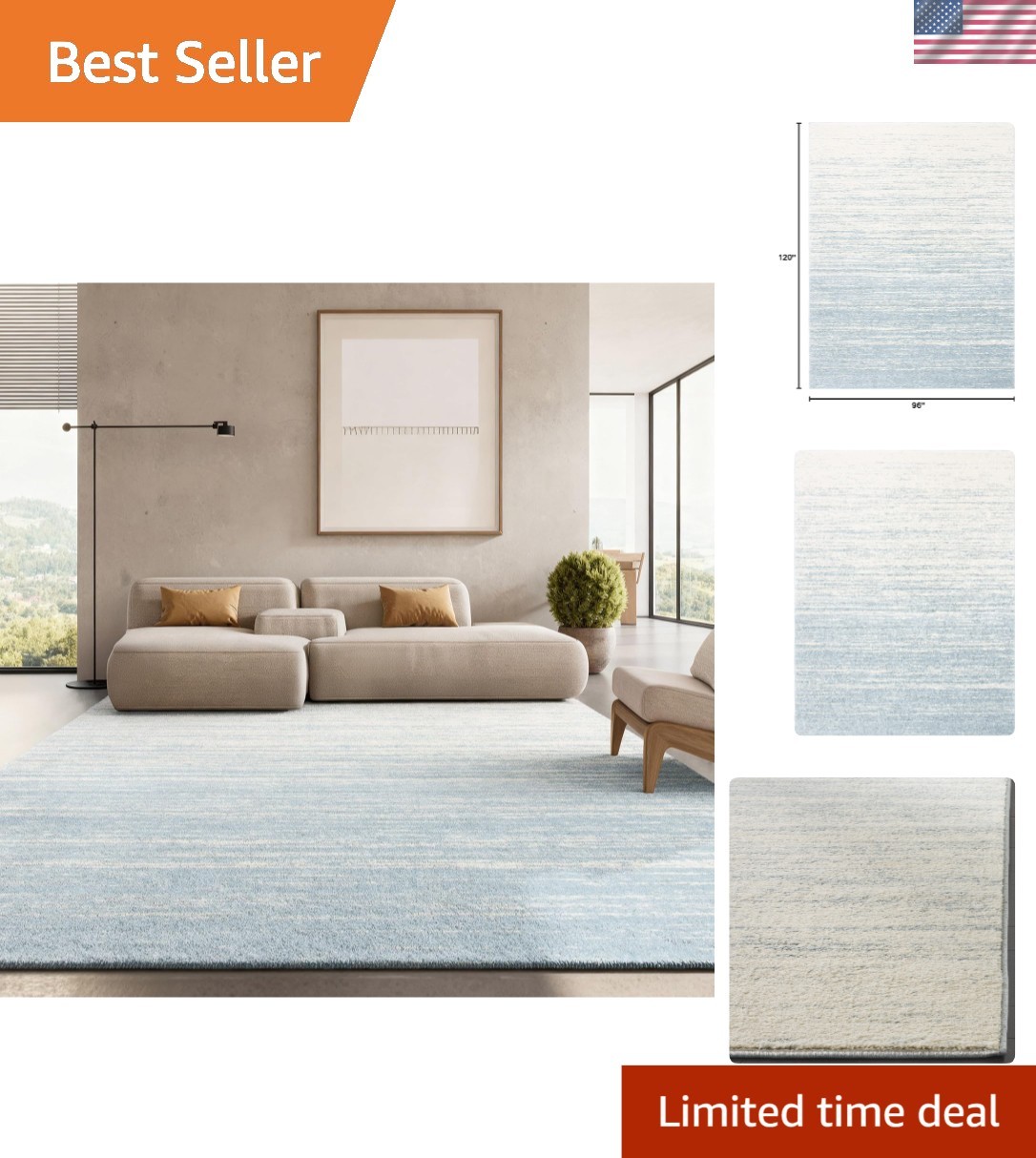 Area Rug 8×10 – Large – Slate & Cream, Modern Ombre Design, Non Shedding & Ea…