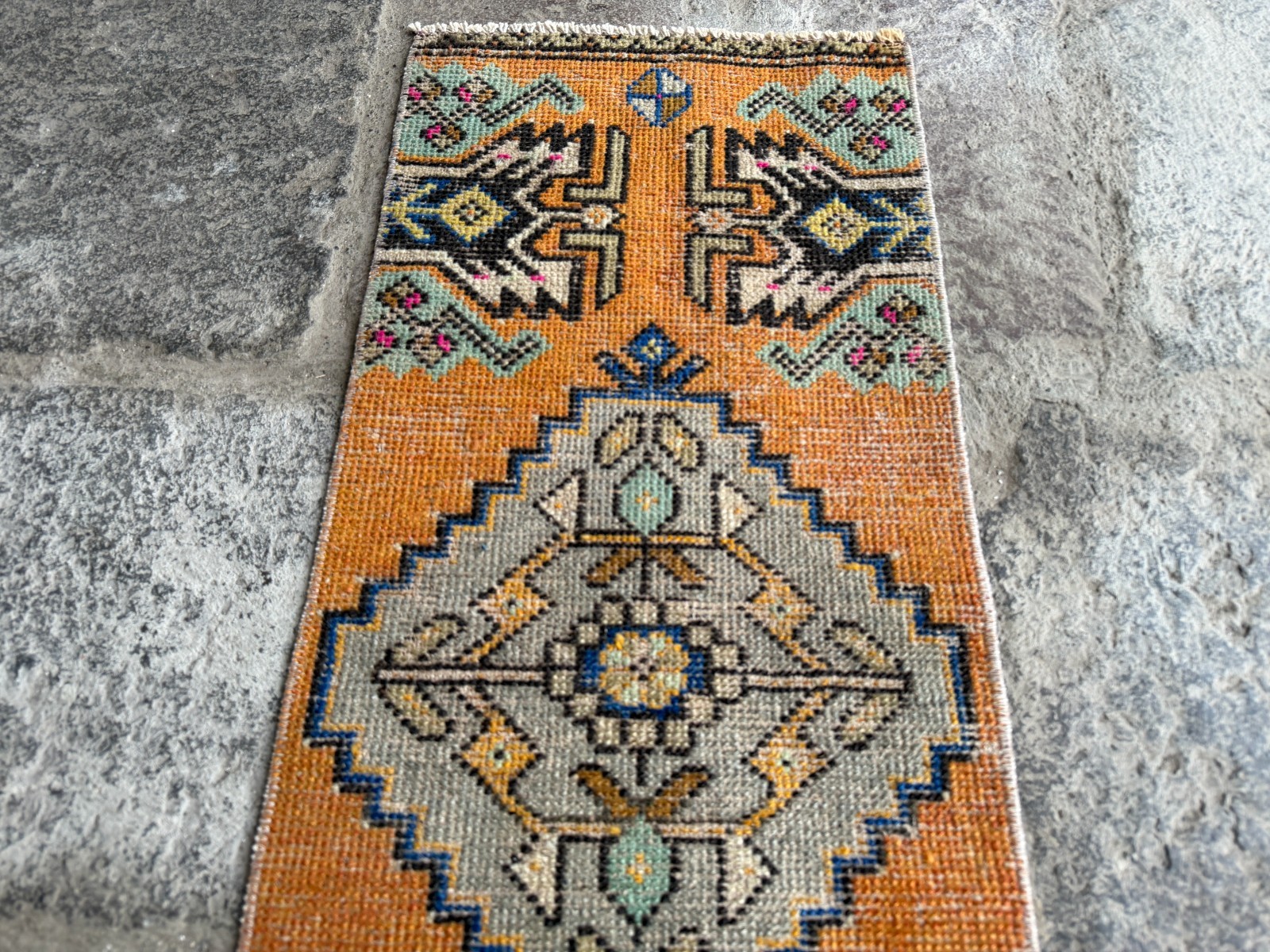 Vintage Oushak Rug 1.2×3.1 ft Burnt Orange Grey Turkish Small Accent Rug