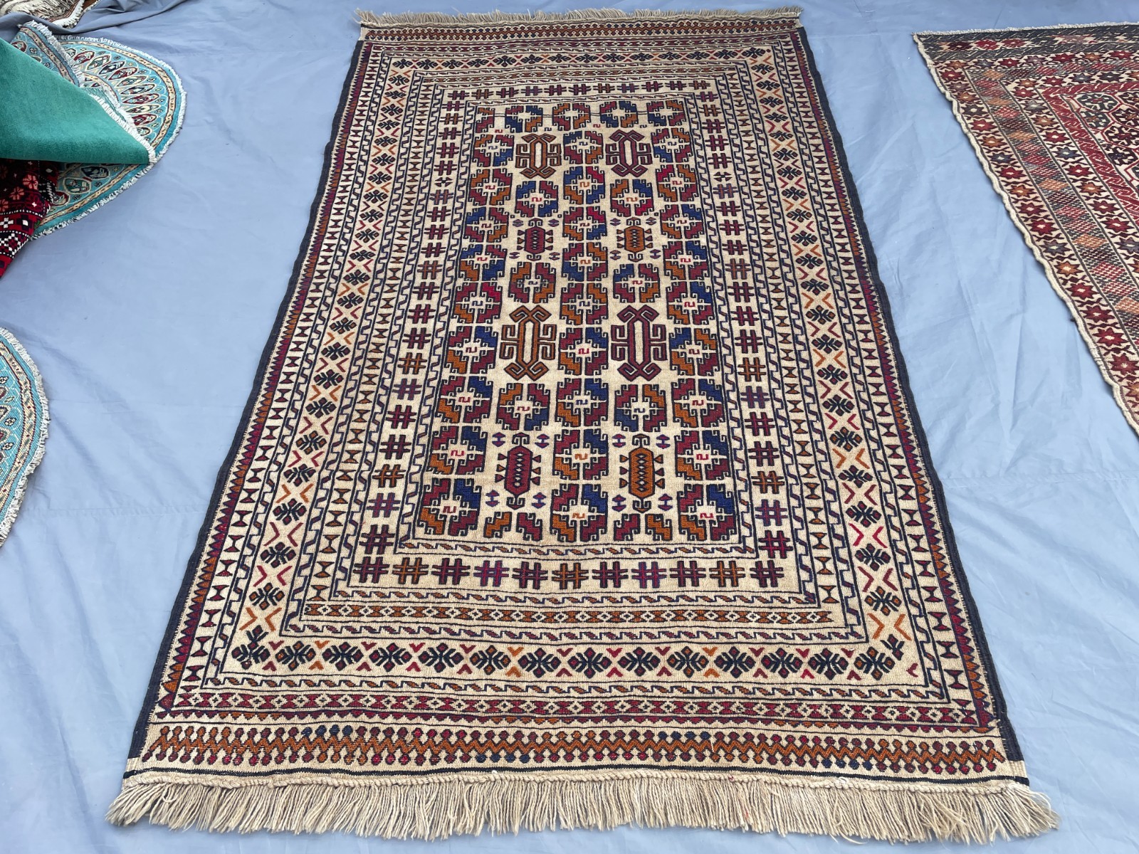 4×6 Ivory Afghan Kilim Rug with Bold Tribal Symbols and Geometric Panel Design