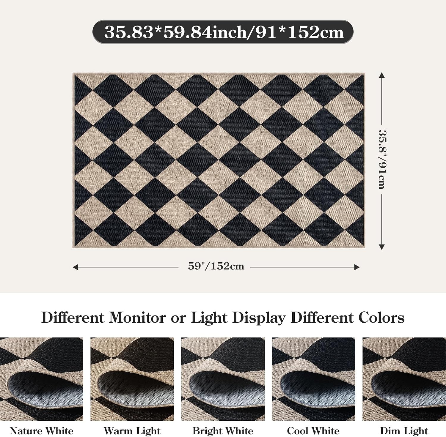Durable Indoor/Outdoor Checkered Rug – 3′ x 5′ Machine Washable and Non-Shedding