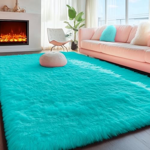 Teal Rug Fluffy Shag Area Rugs for Bedroom Boys 5×7 5′ x 7′ (Rectangular) Blue