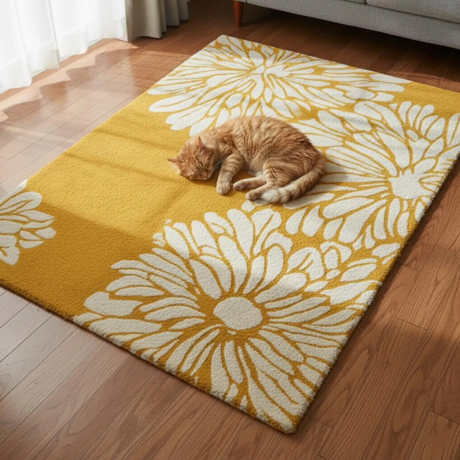 Yellow Floral Area Rug – Modern White Daisy Pattern Statement Rug Teppich