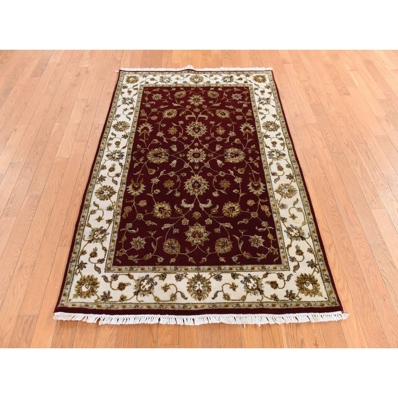 4’x6′ Wine Red Rajasthan with All Over Leaf Design Hand Knotted Wool & Silk Rug