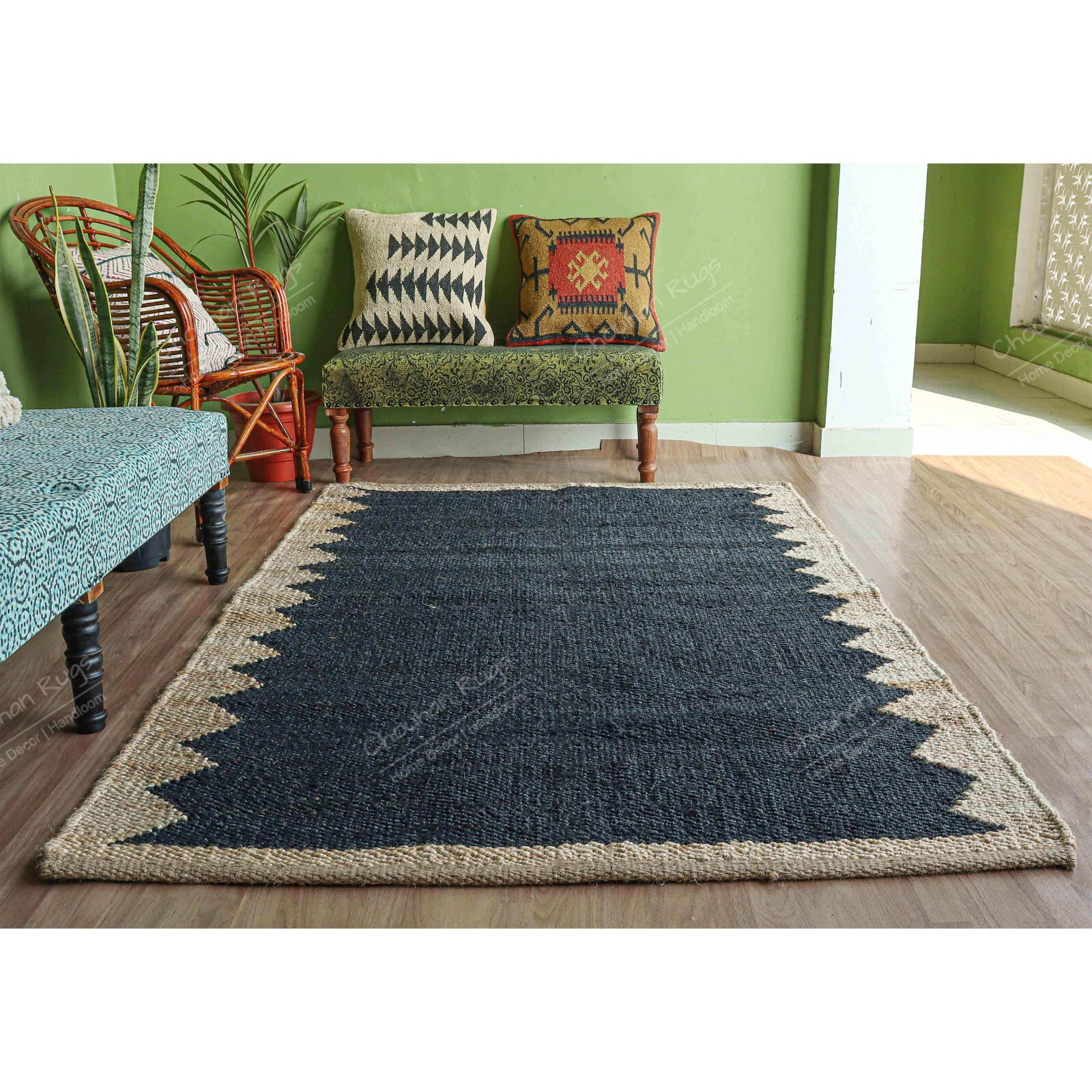 Indian Hemp Rectangle Jute Ru, Black With Beige Border Rug Vintage Rug Décor Rug