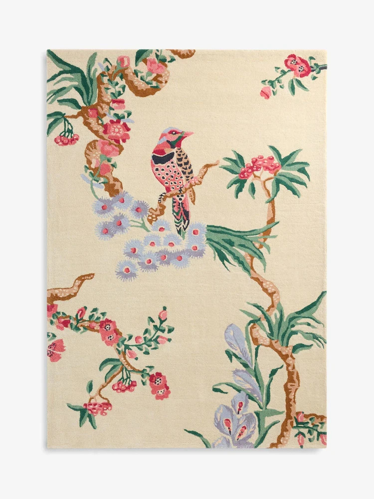 Chinoiserie Ivory Bird and Branch Botanical Handmade Area Rug 8×10 Sitting Room