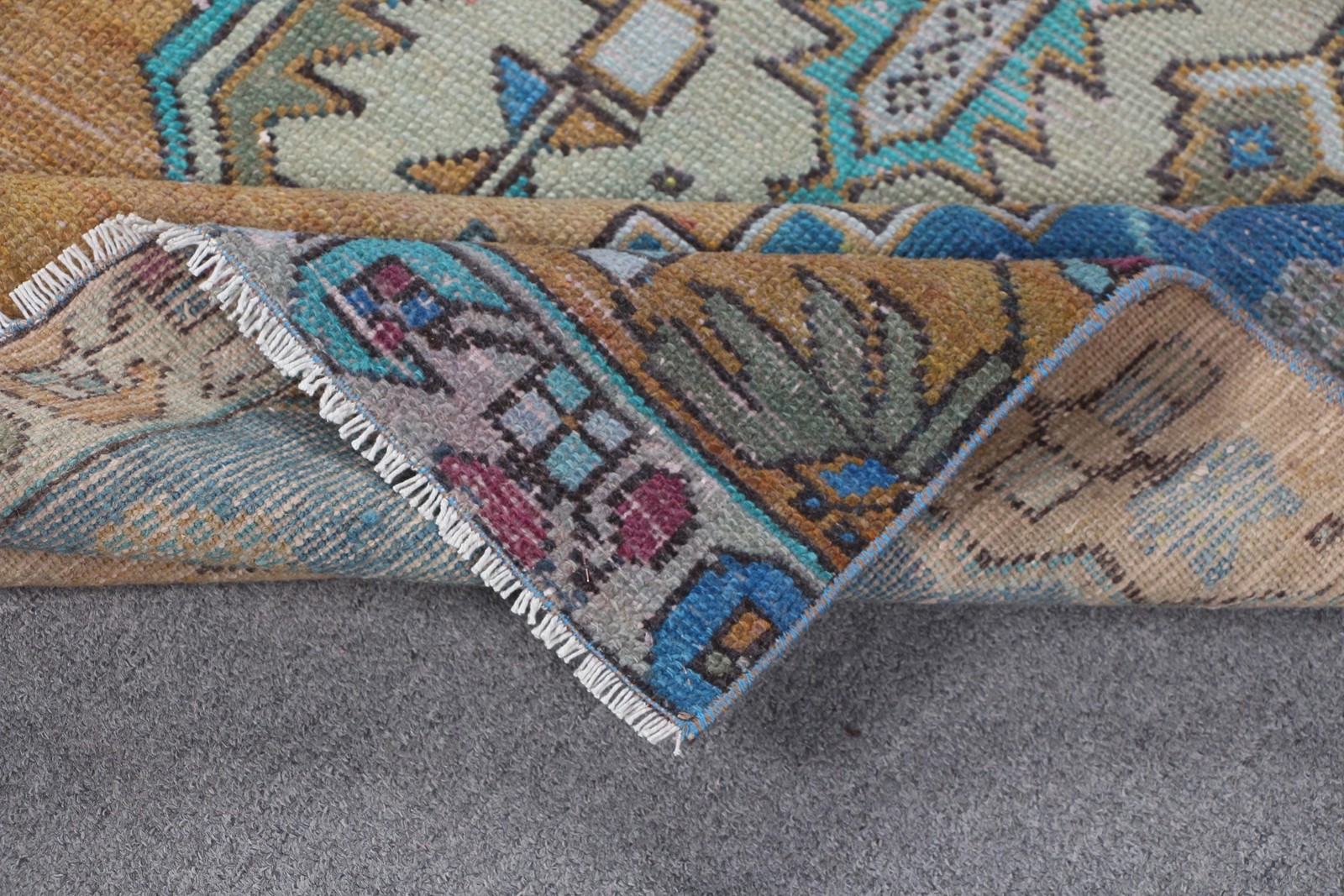 Vintage Rug, Area 3,6×7,9 ft Turkish Rug, Orange Blue Oriental Wool Rug