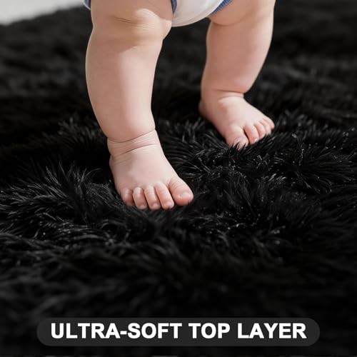 Large Shag Area Rugs 5×7 for Living Room, Ultra Soft Fluffy Black Rugs for
