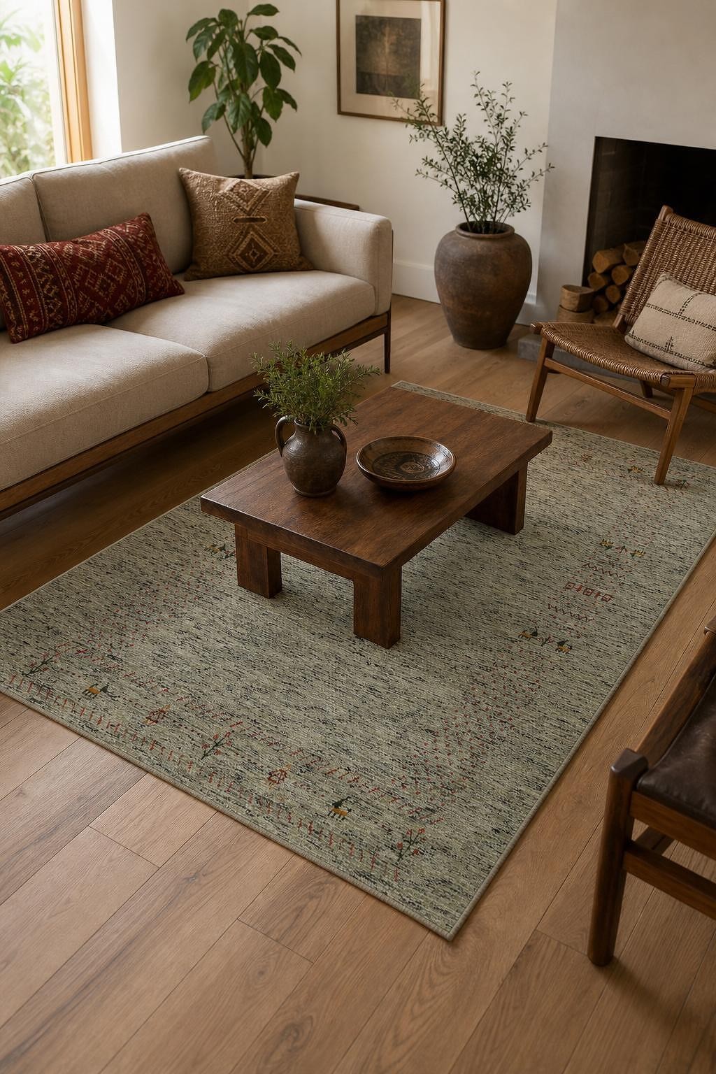 Little Animals Tribal Modern 5×8 Green Indian Area Rug Hand-Knotted Wool