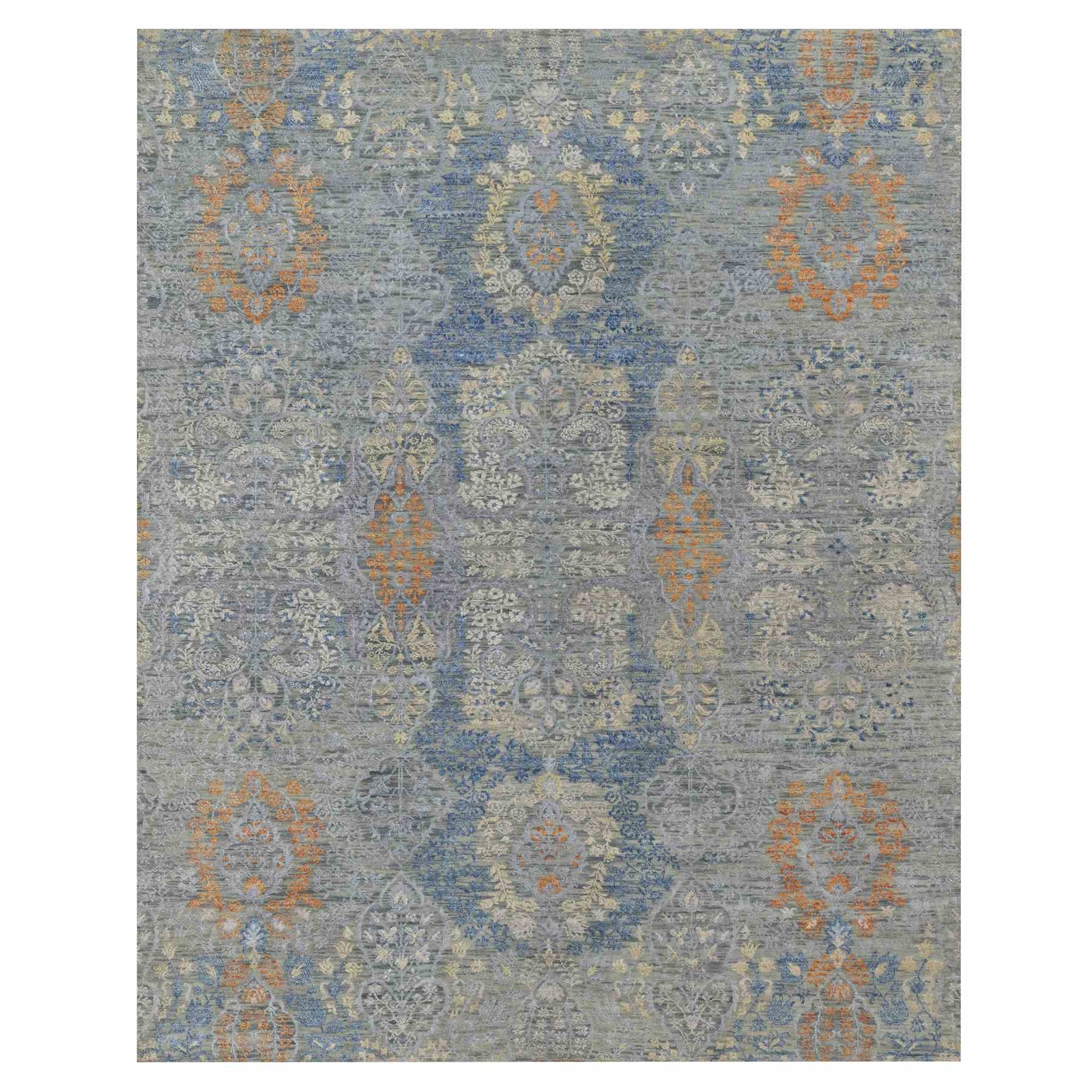 8’x10′ Misty Gray Jewelry Design Wool with Textured Silk Hand Knotted Rug R91443