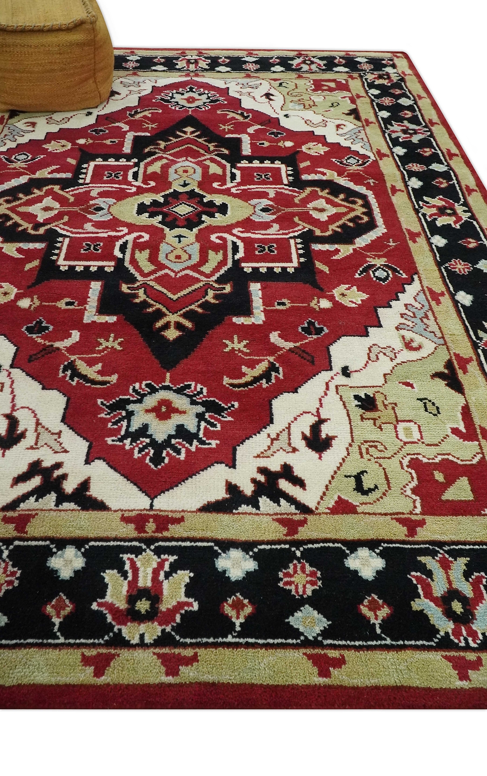 Custom Made Red, Black, Ivory And Beige Hand Knotted Wool Area Rug