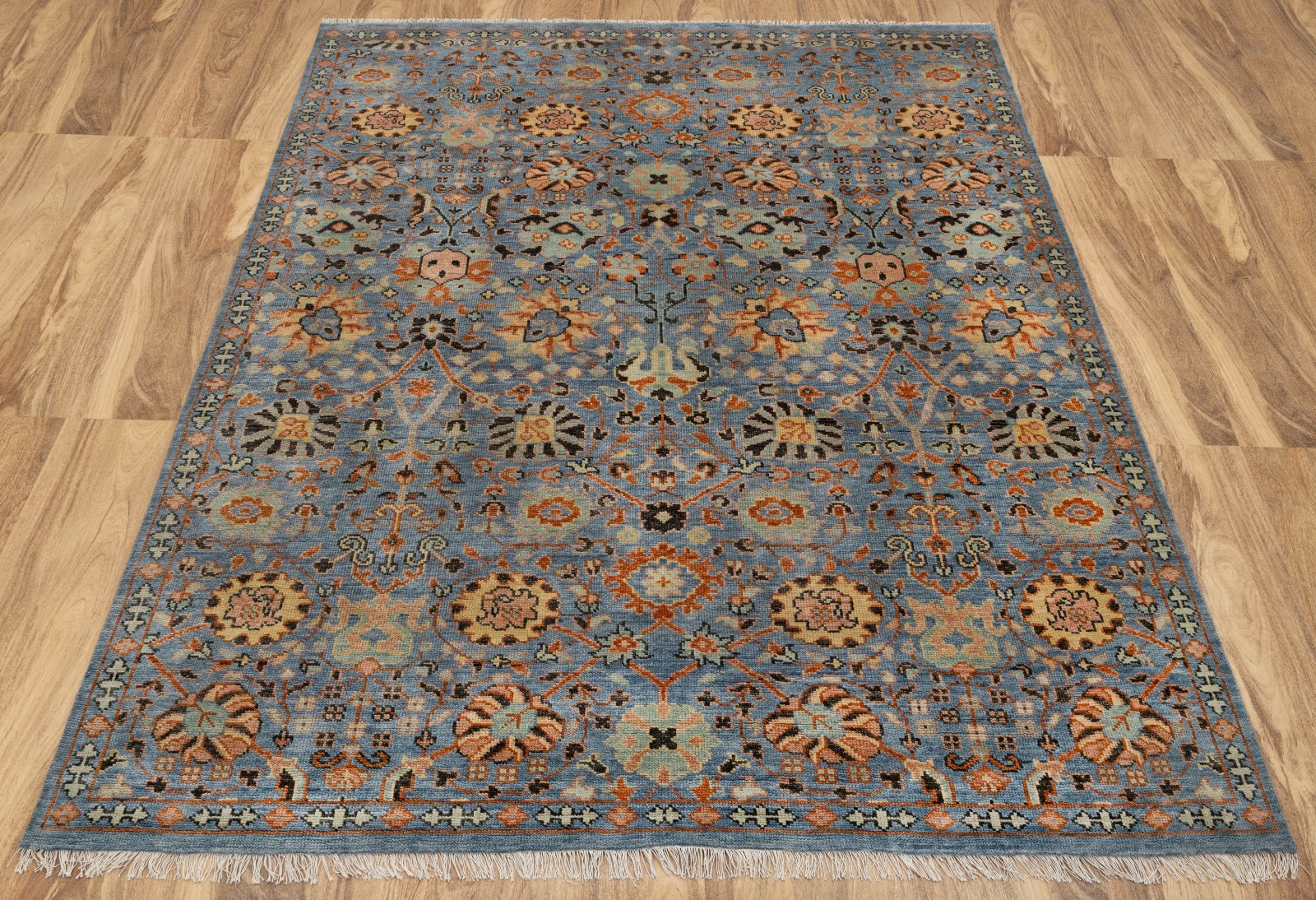 Blue Wool Hand Knotted Turkish Oushak Inspired High Quality Living Room Rug
