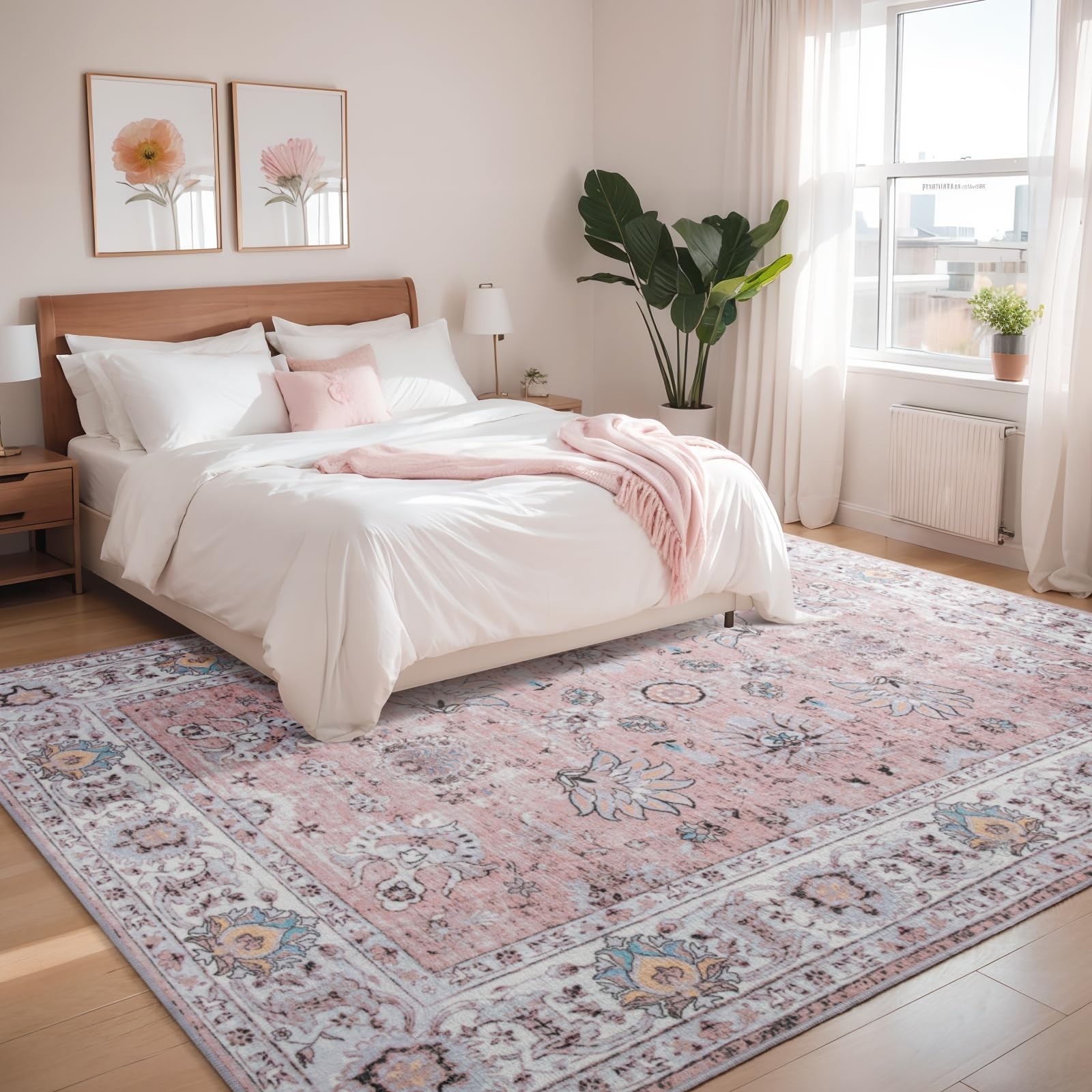 ULTSOFE 6×9 Pink Living Room Rug Chenille Floral Vintage Area Rug Low-Pile