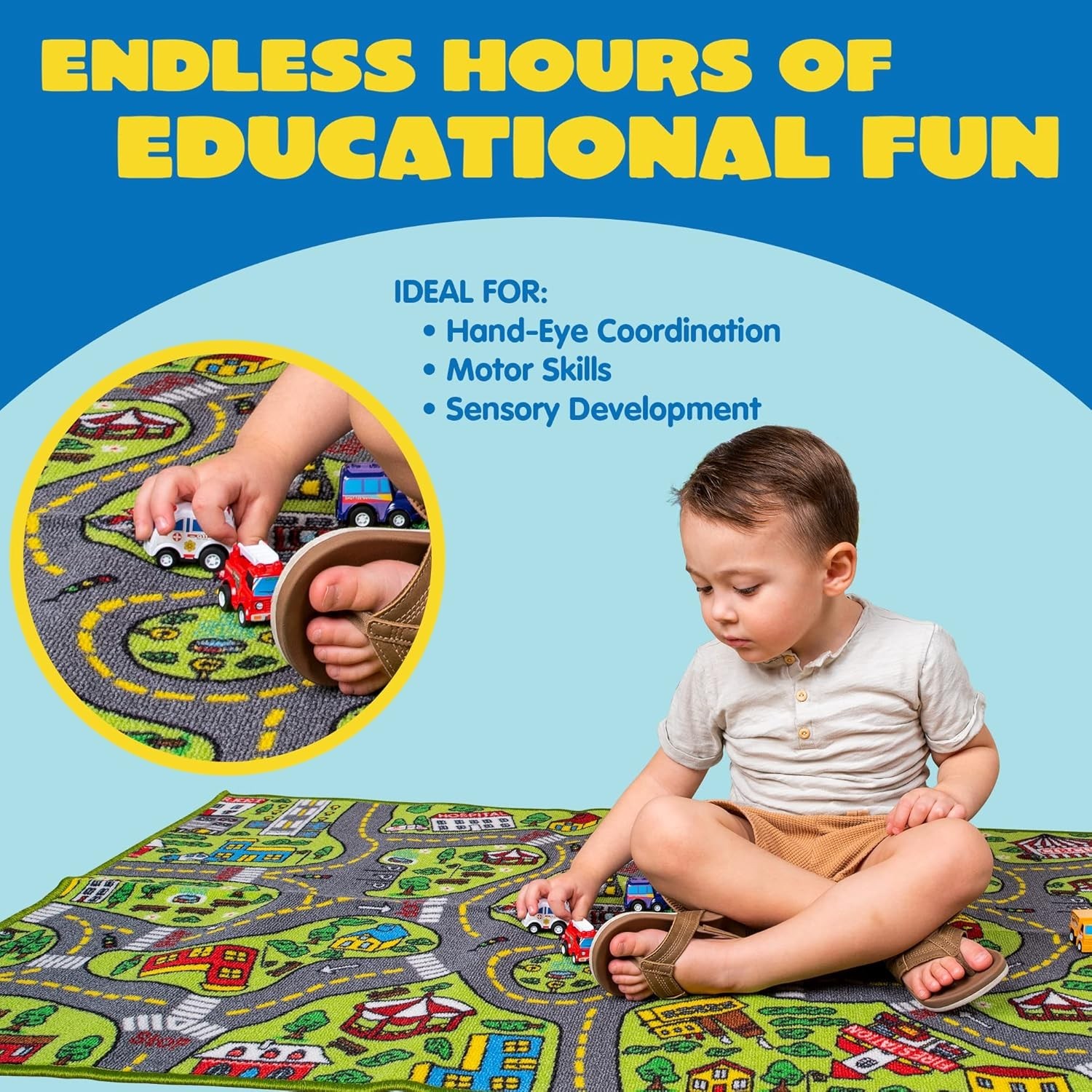 58.5″ x 31.5″ Toddler Carpet Playmat with 12 Pull-Back Vehicles for Fun Learning