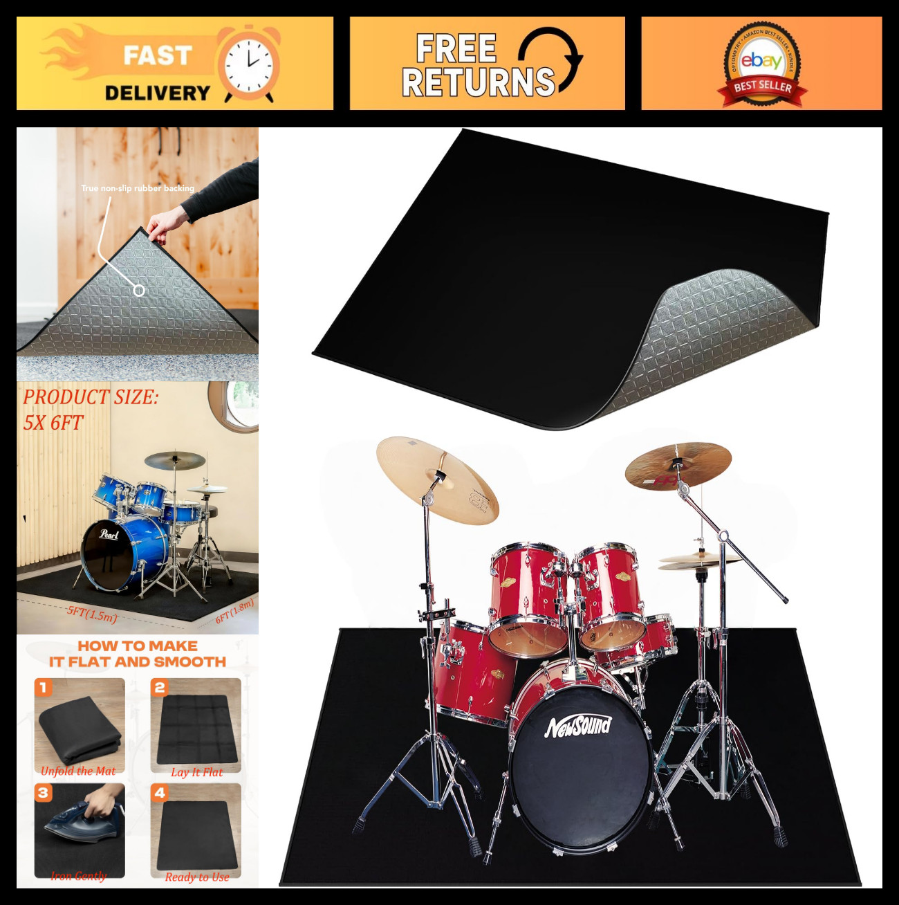 Non-Slip Music Rug 5×6 Ft for Drummers | Noise Reduction, Floor Protection, Drum