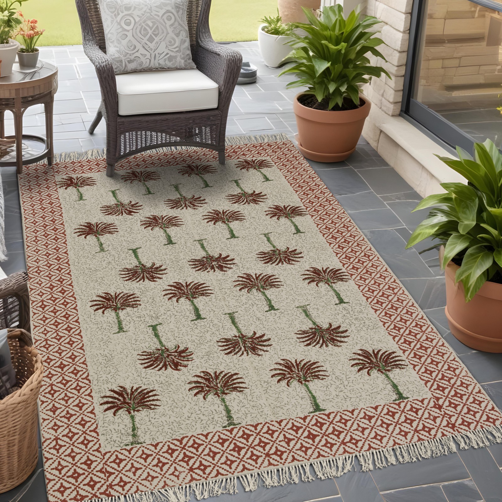 Hand Block Printed Palm Tree Cotton Area Rug Boho Farmhouse Fringe Carpet Decor