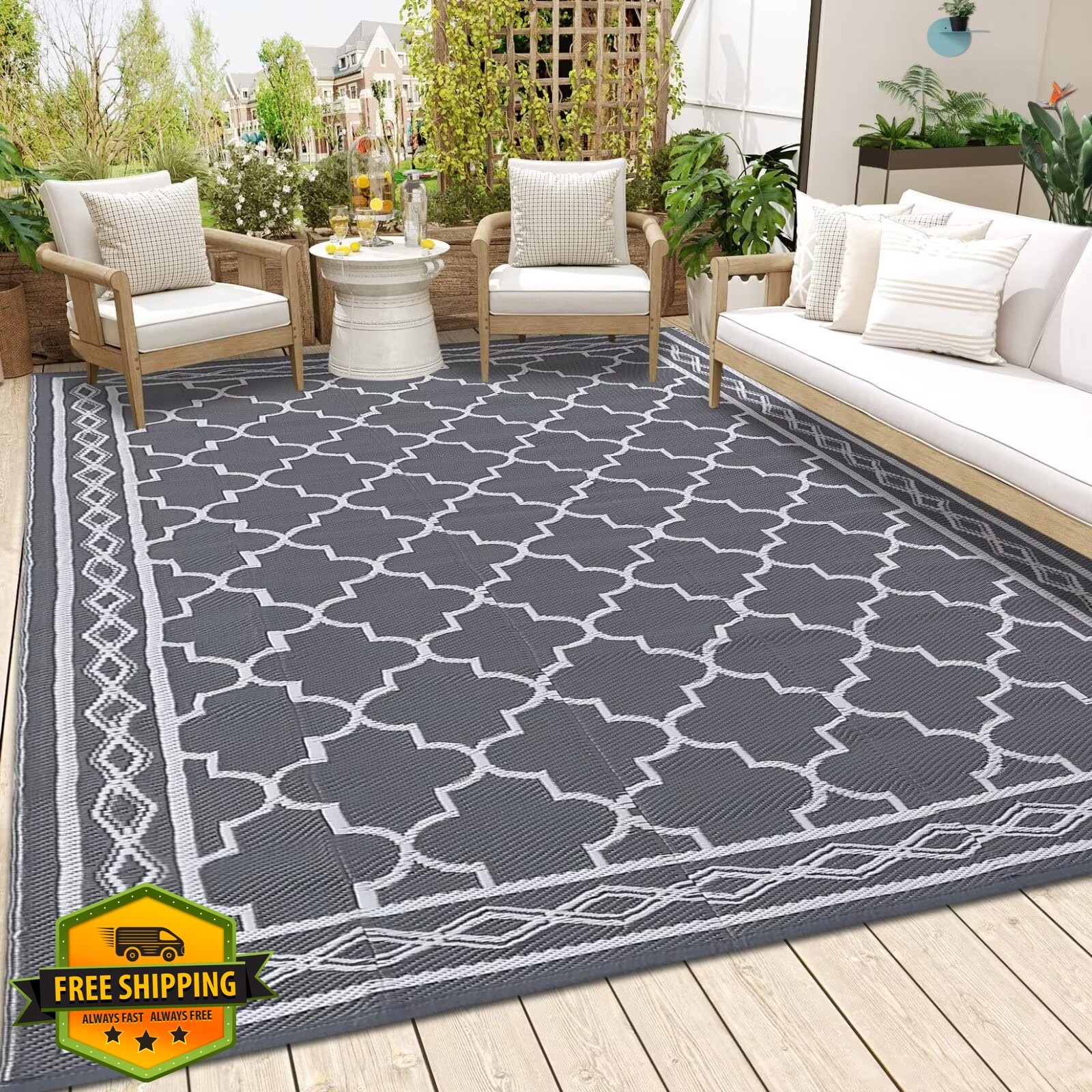 LUXLOOM Outdoor Plastic Straw Rug 9×18 Large Washable Floor Mat Moroccan Trel…