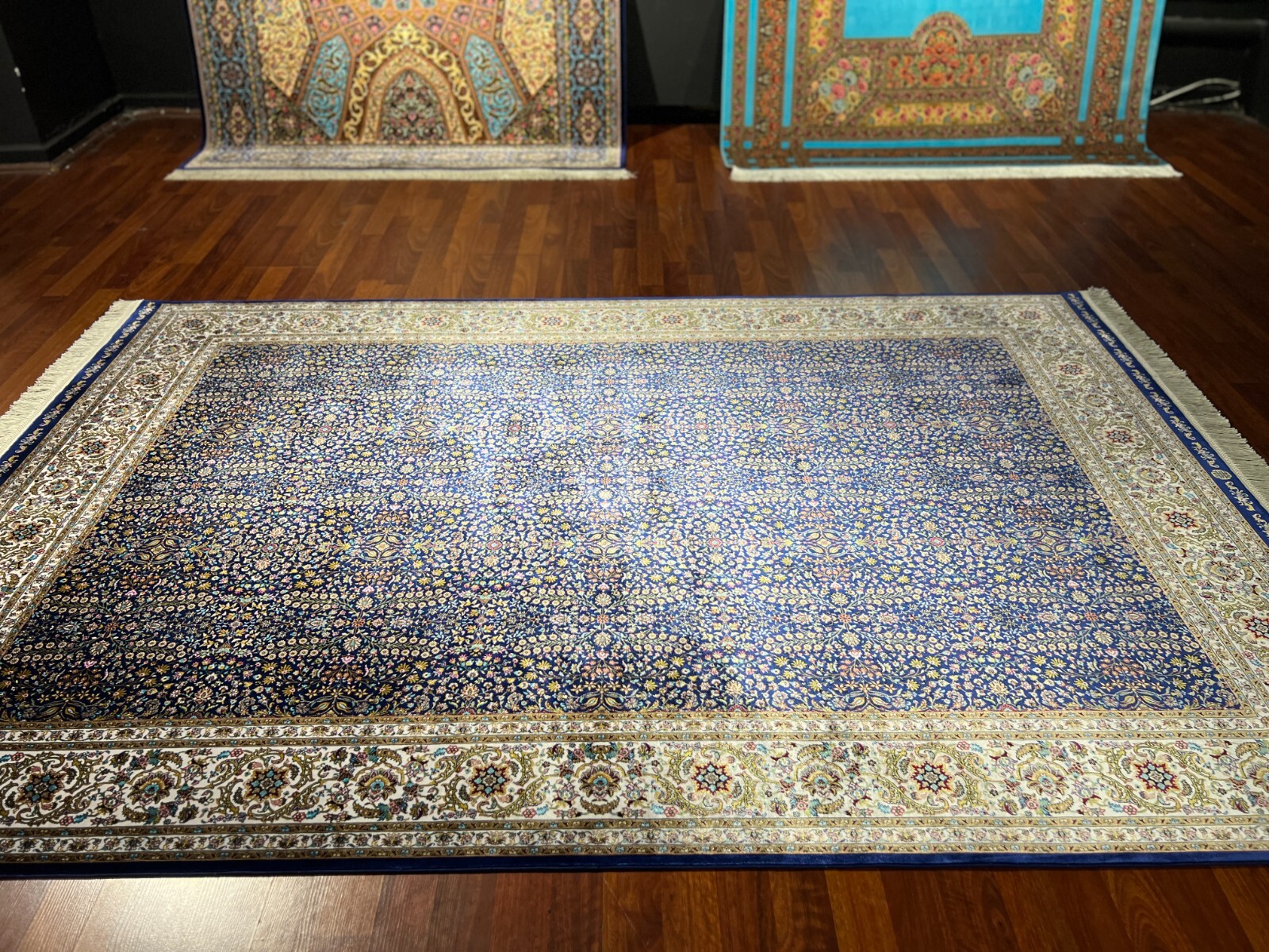 5×8 ft Blue Gold Traditional Silk Rug – Luxury Anatolia Silk Rug Living Room Rug